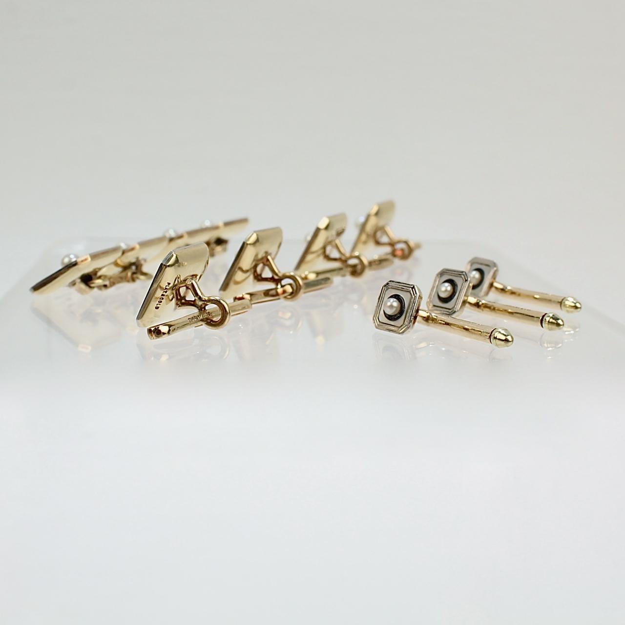 Tiffany & Co Art Deco Cufflink Dress Set in 14K Gold & Platinum with Seed Pearls 2