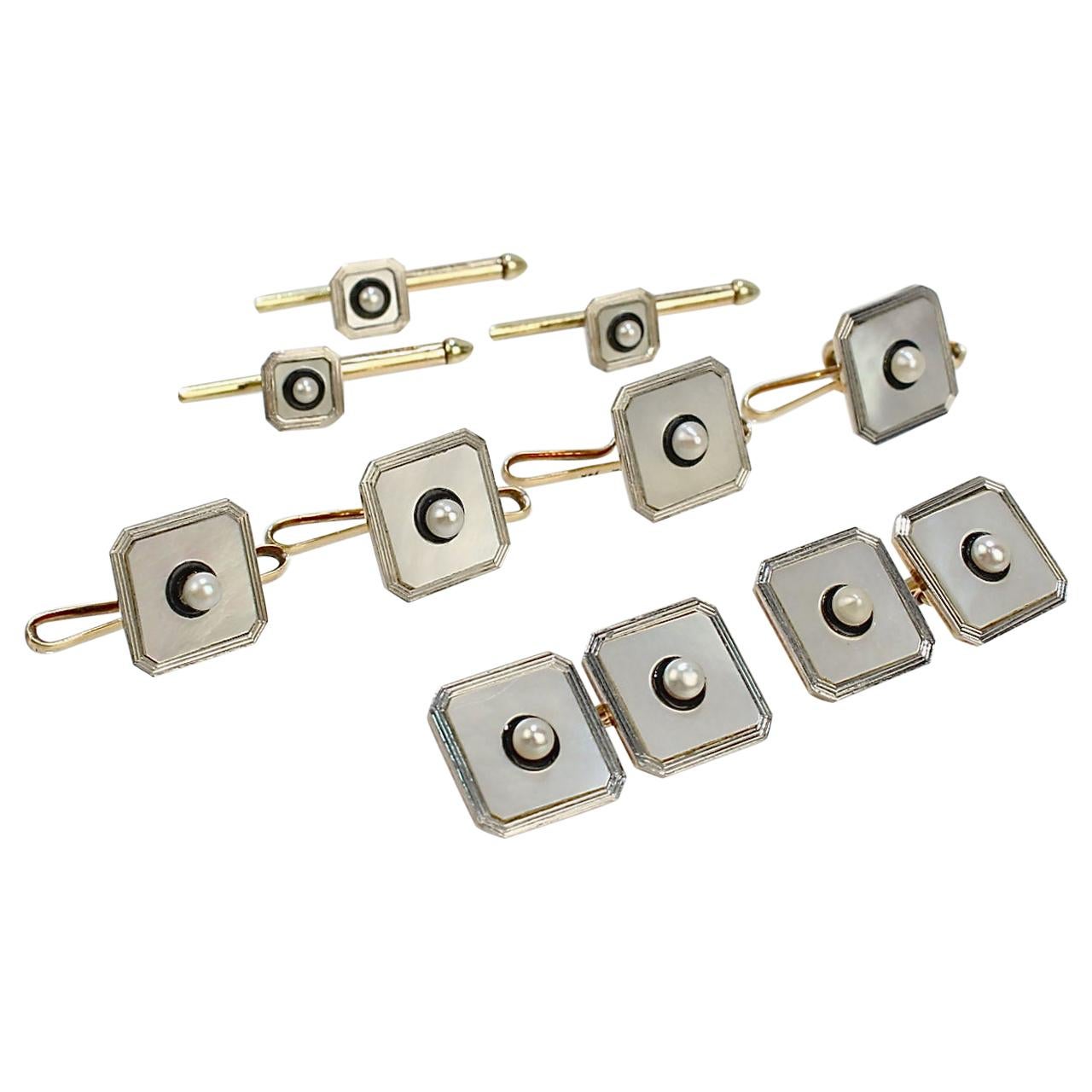Tiffany & Co Art Deco Cufflink Dress Set in 14K Gold & Platinum with Seed Pearls