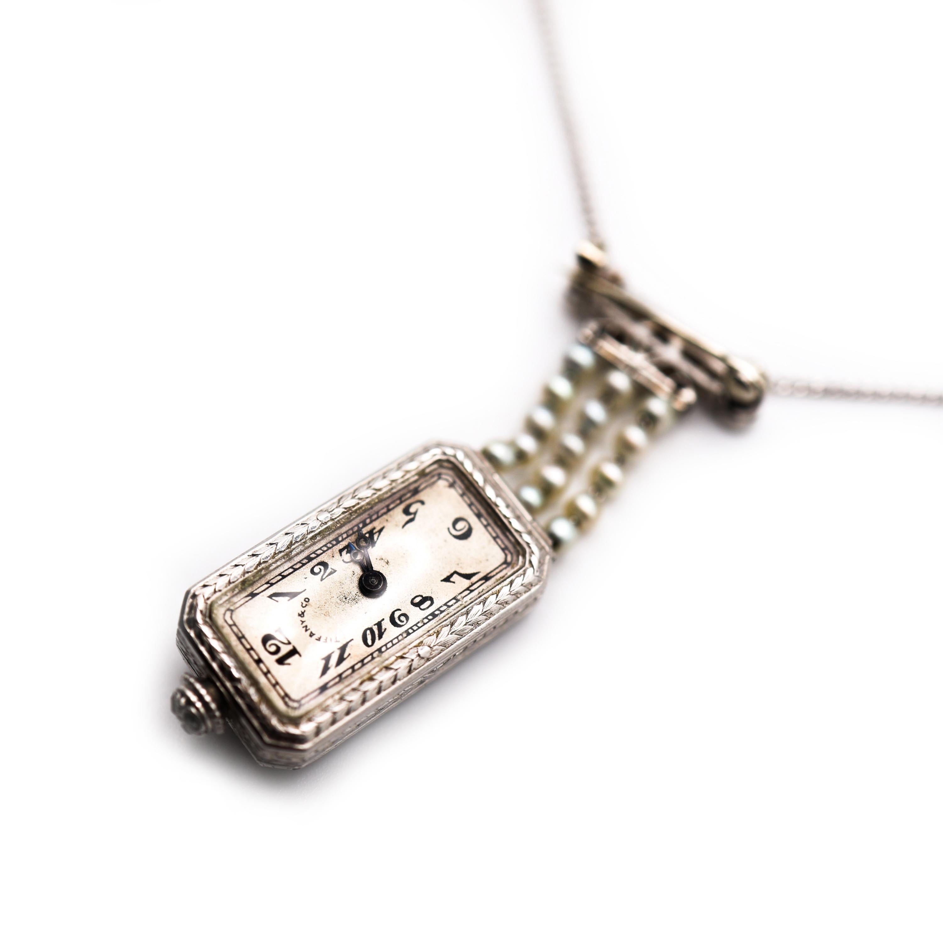 Rose Cut Tiffany & Co. Art Deco Diamond Pearl and Platinum Pendant Watch, Circa 1925 For Sale