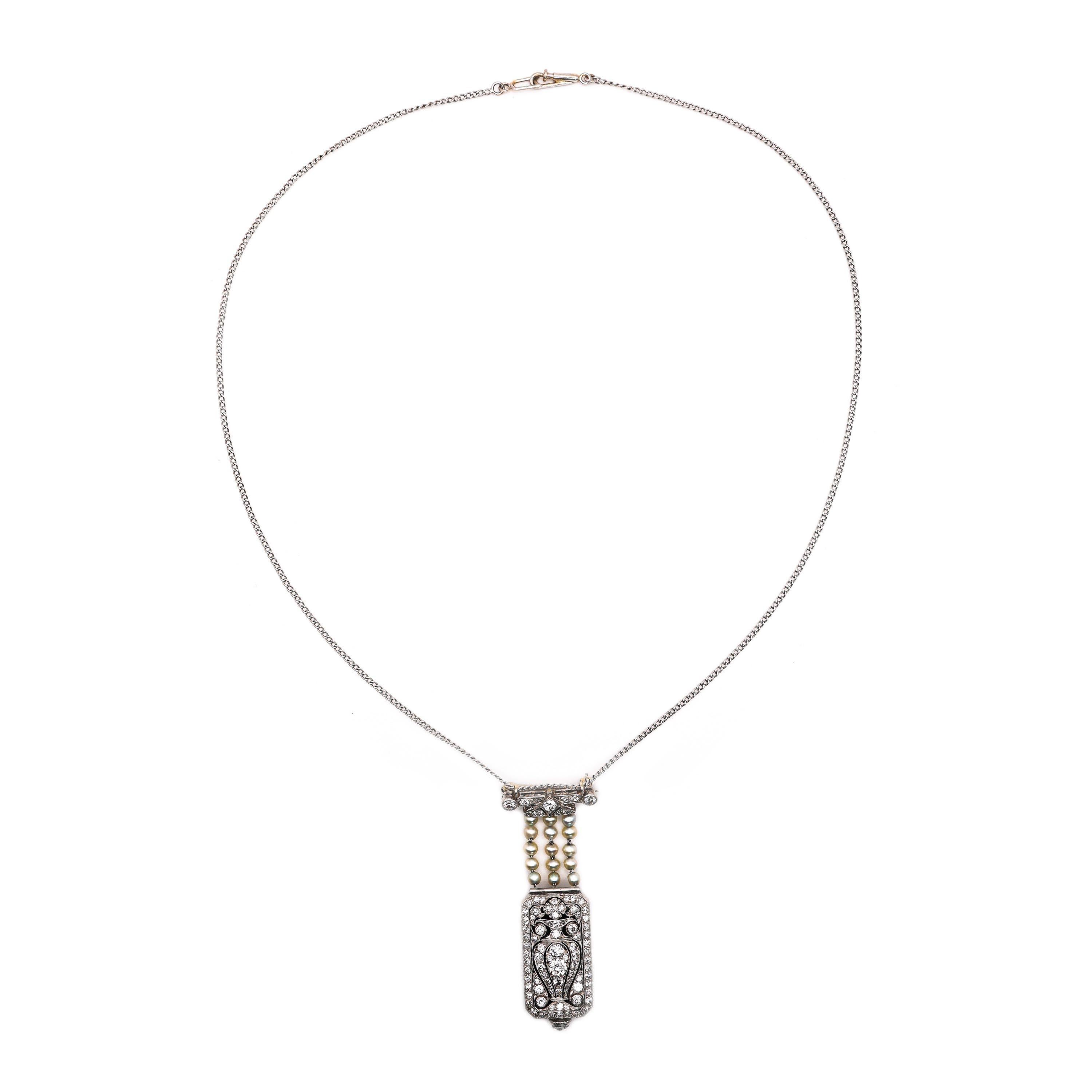 Tiffany & Co. Art Deco Diamond Pearl and Platinum Pendant Watch, Circa 1925 In Good Condition For Sale In London, GB