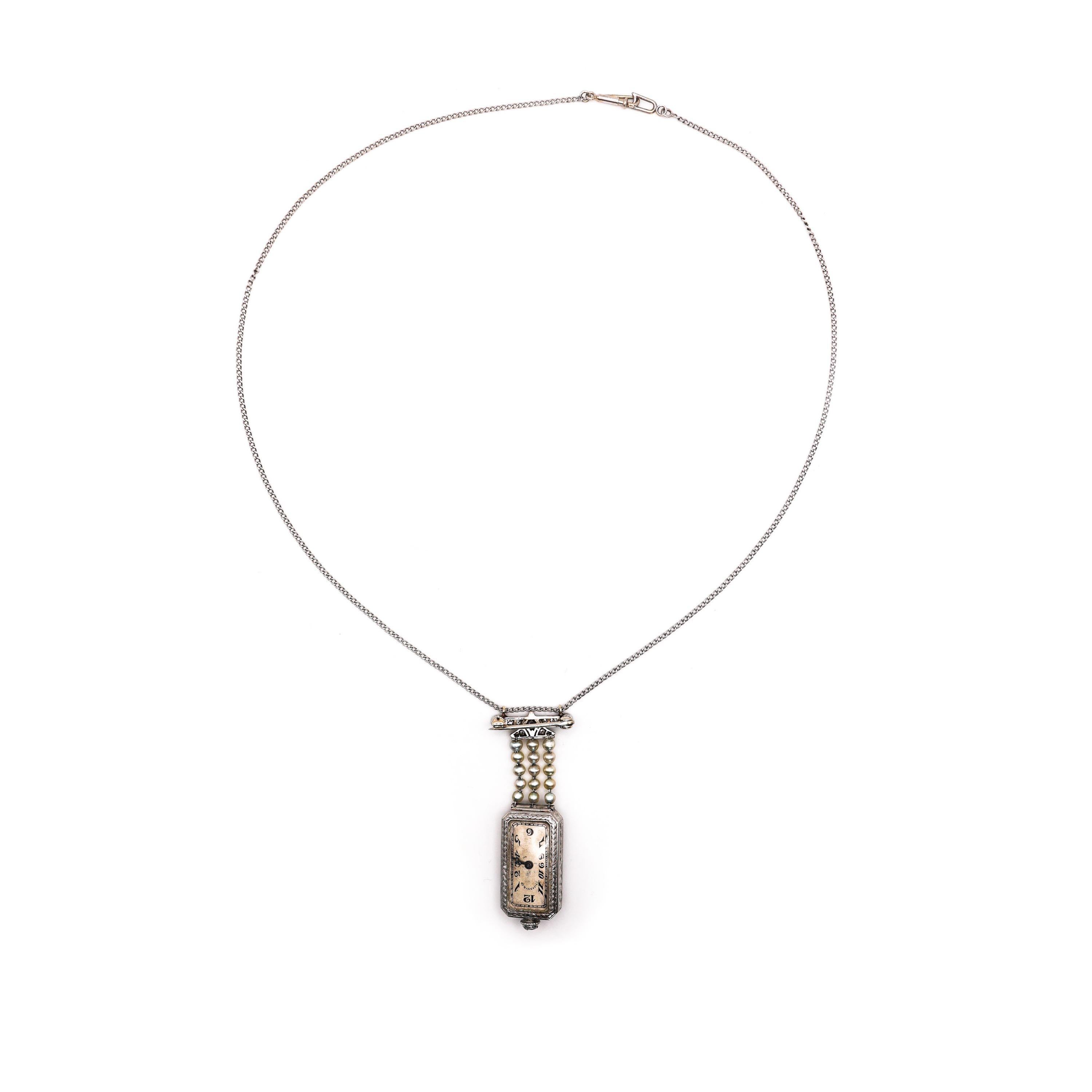 Women's Tiffany & Co. Art Deco Diamond Pearl and Platinum Pendant Watch, Circa 1925 For Sale