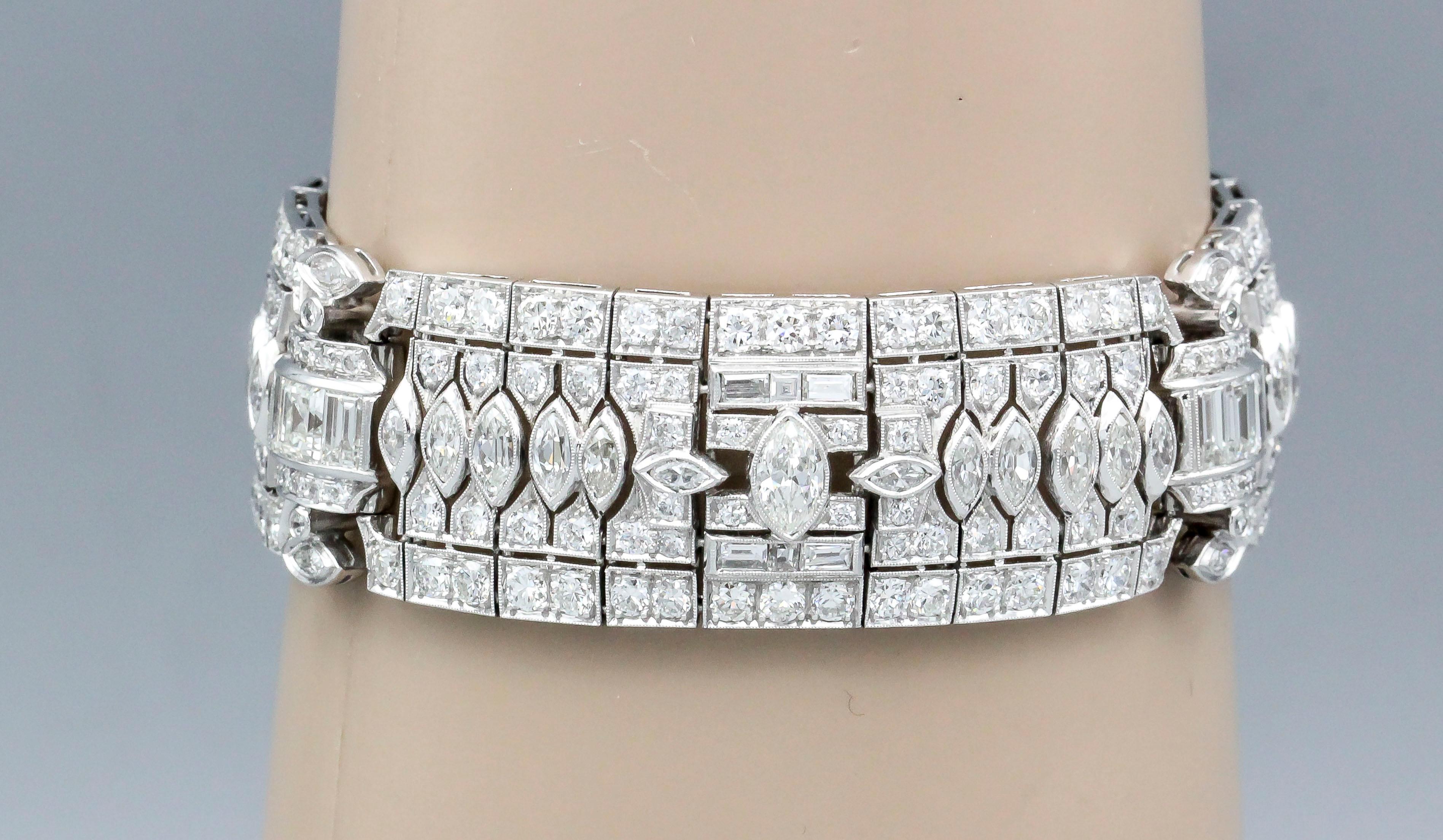 Very fine diamond and platinum bracelet by Tiffany & Co, circa 1930s. This exquisite piece features a varying number of very high grade diamond cuts: marquise cut, round brilliant cut, and baguette cut; total diamond weight approx. 25 carats.