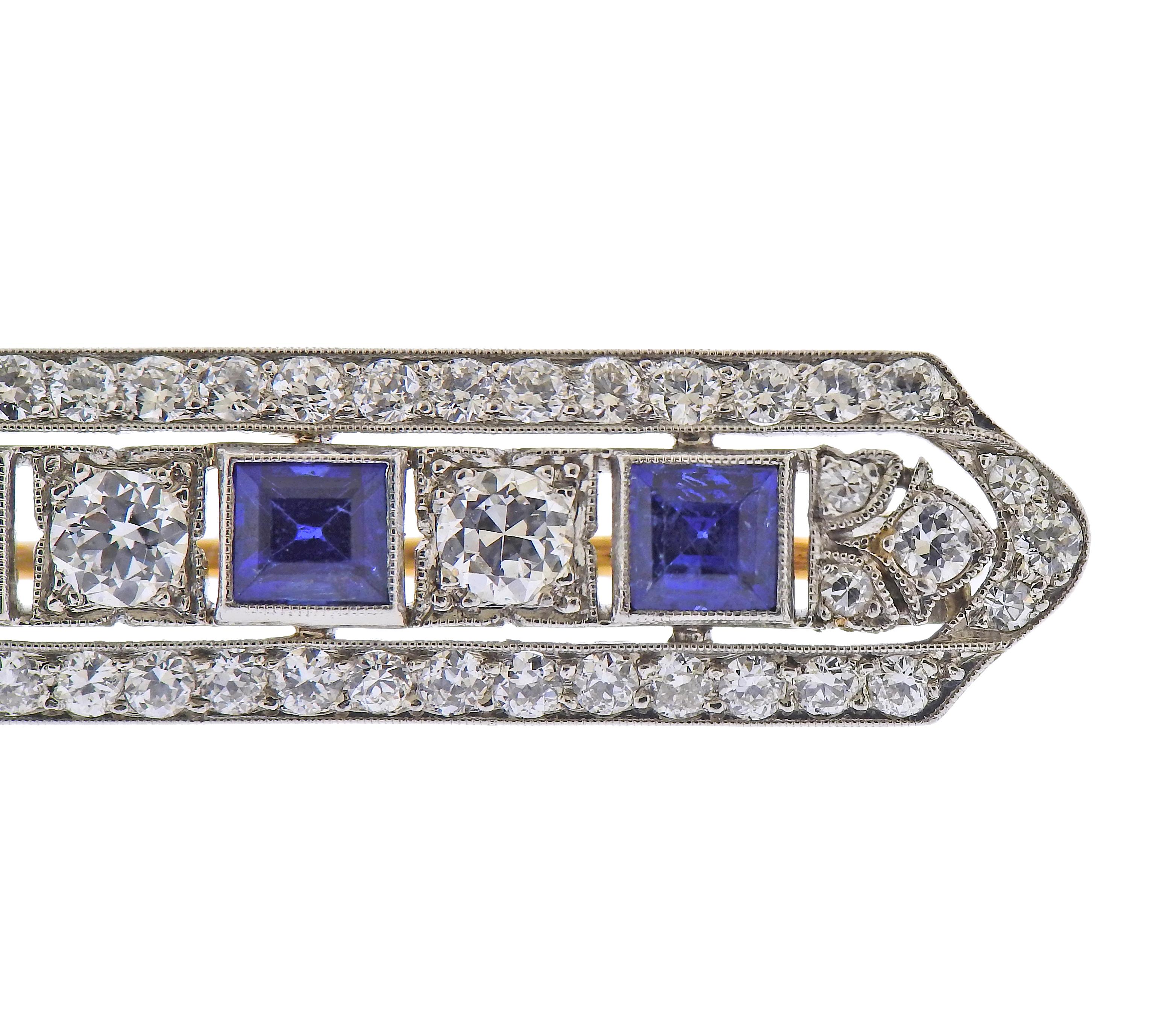 Round Cut Tiffany & Co. Art Deco Diamond Sapphire Platinum Gold Bar Brooch For Sale