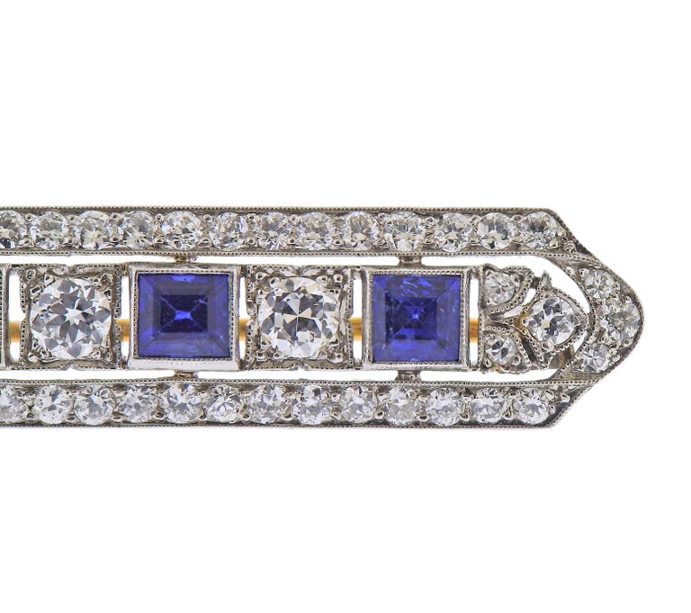 Tiffany & Co. Art Deco Diamond Sapphire Platinum Gold Bar Brooch In Excellent Condition For Sale In New York, NY