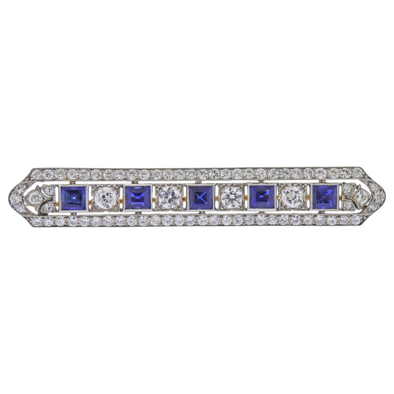 Tiffany & Co. Art Deco Diamond Sapphire Platinum Gold Bar Brooch For Sale