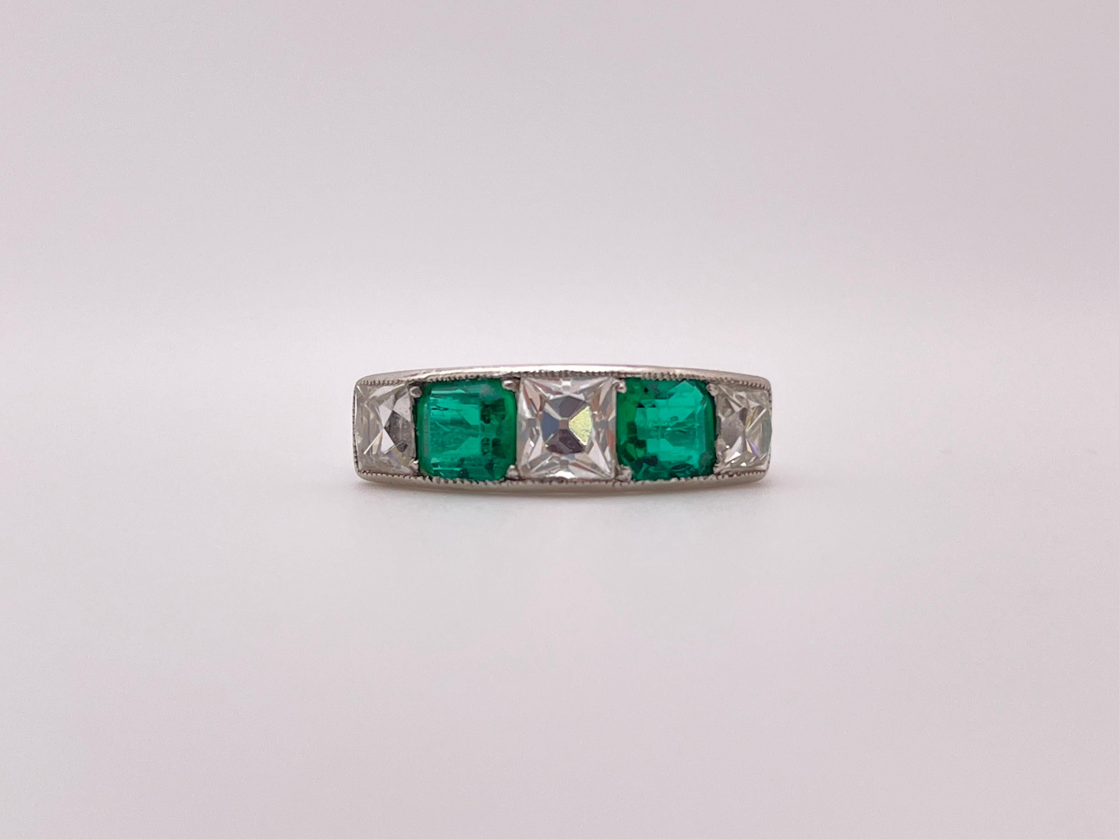Tiffany & Co Art Deco Emerald Diamond Platinum Ring Wedding Band For Sale 6