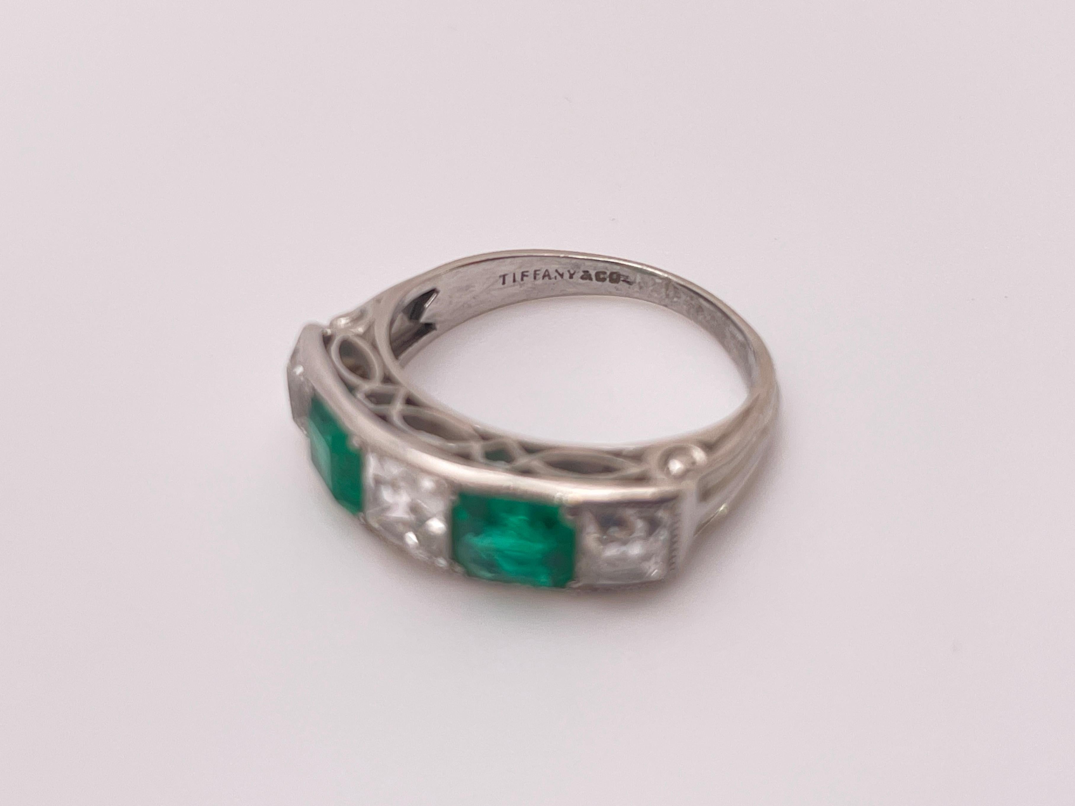 Tiffany & Co Art Deco Emerald Diamond Platinum Ring Wedding Band For Sale 8