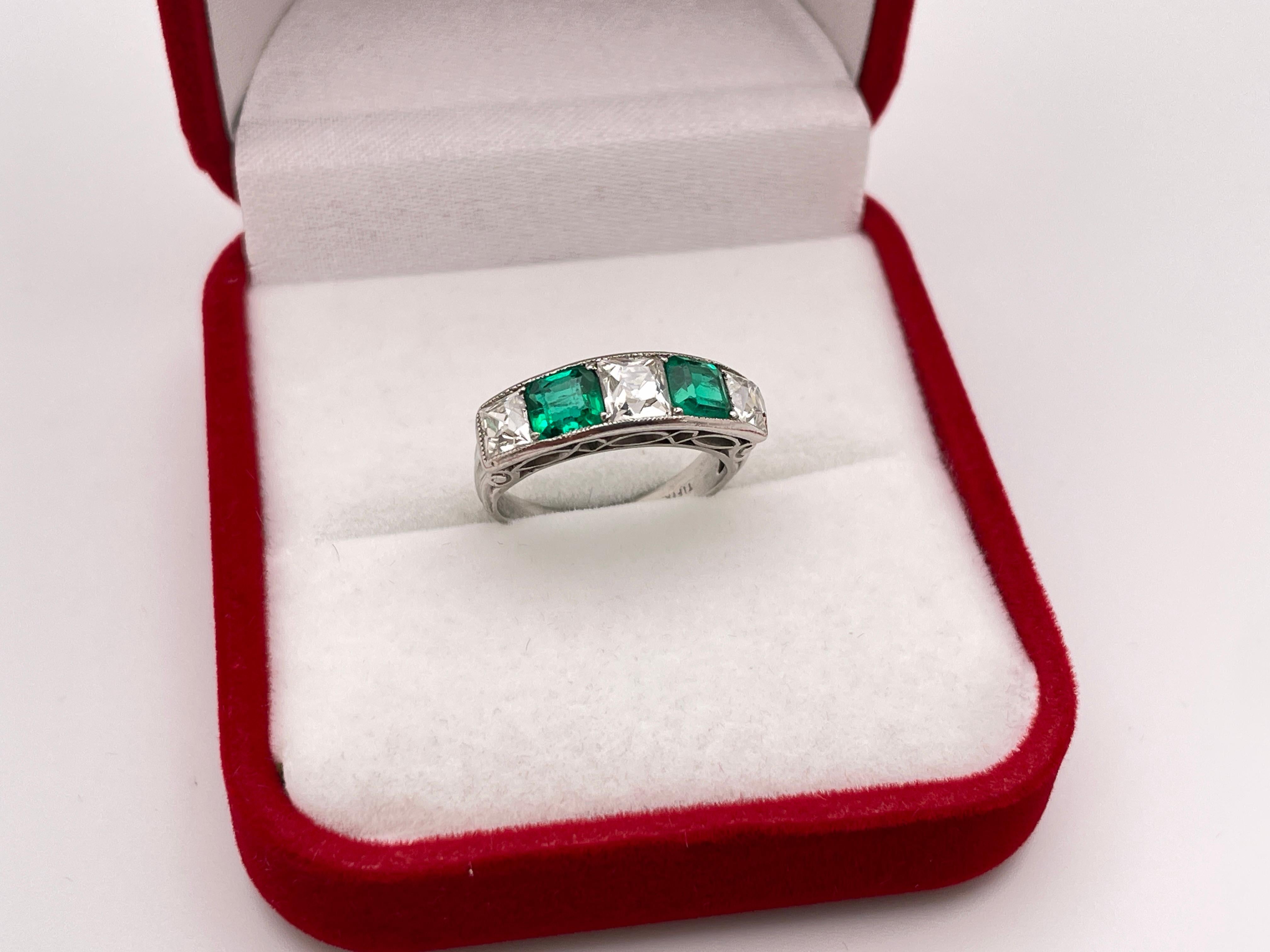 Women's or Men's Tiffany & Co Art Deco Emerald Diamond Platinum Ring Wedding Band For Sale