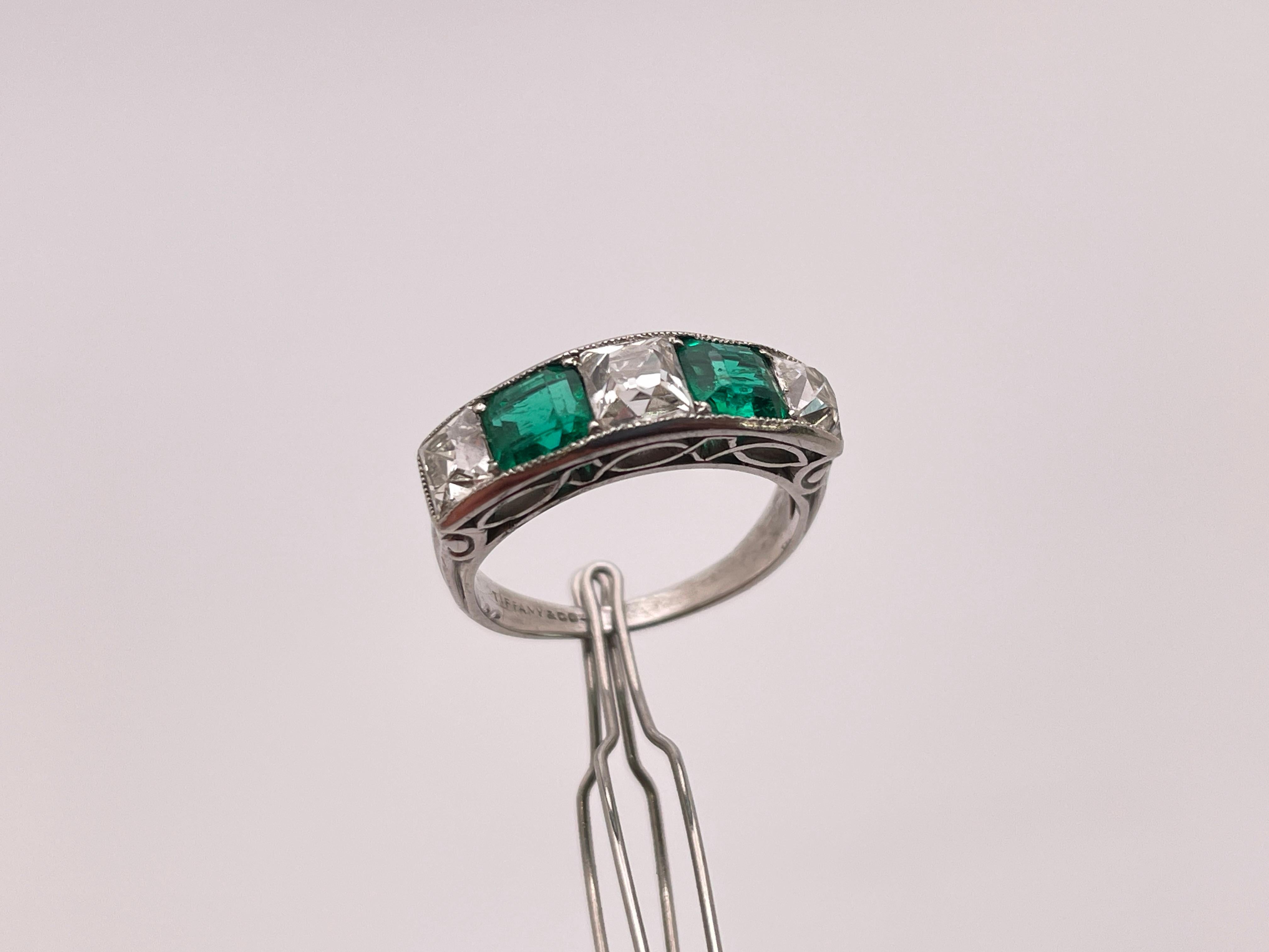 Tiffany & Co Art Deco Emerald Diamond Platinum Ring Wedding Band For Sale 1