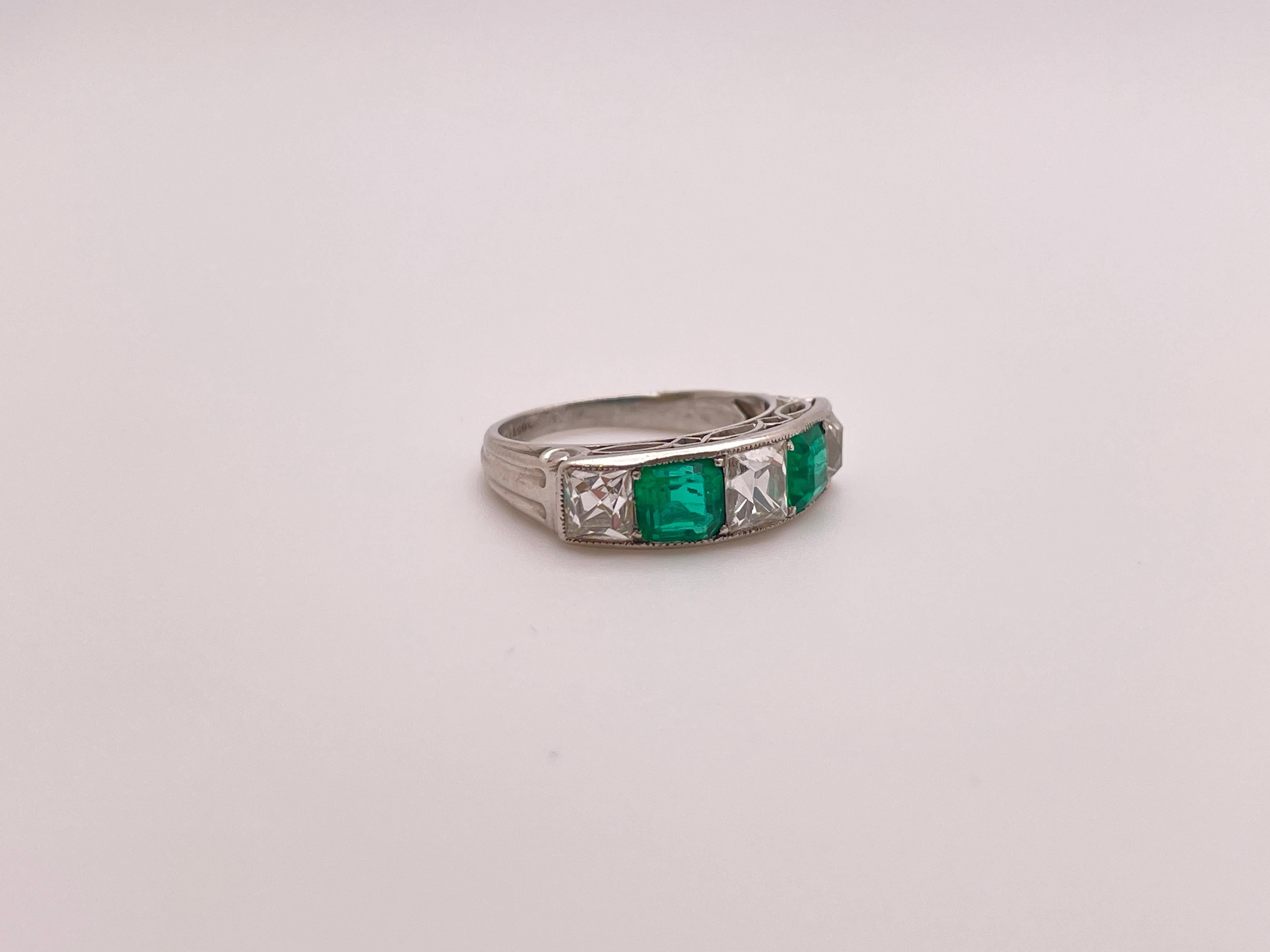 Tiffany & Co Art Deco Emerald Diamond Platinum Ring Wedding Band For Sale 4