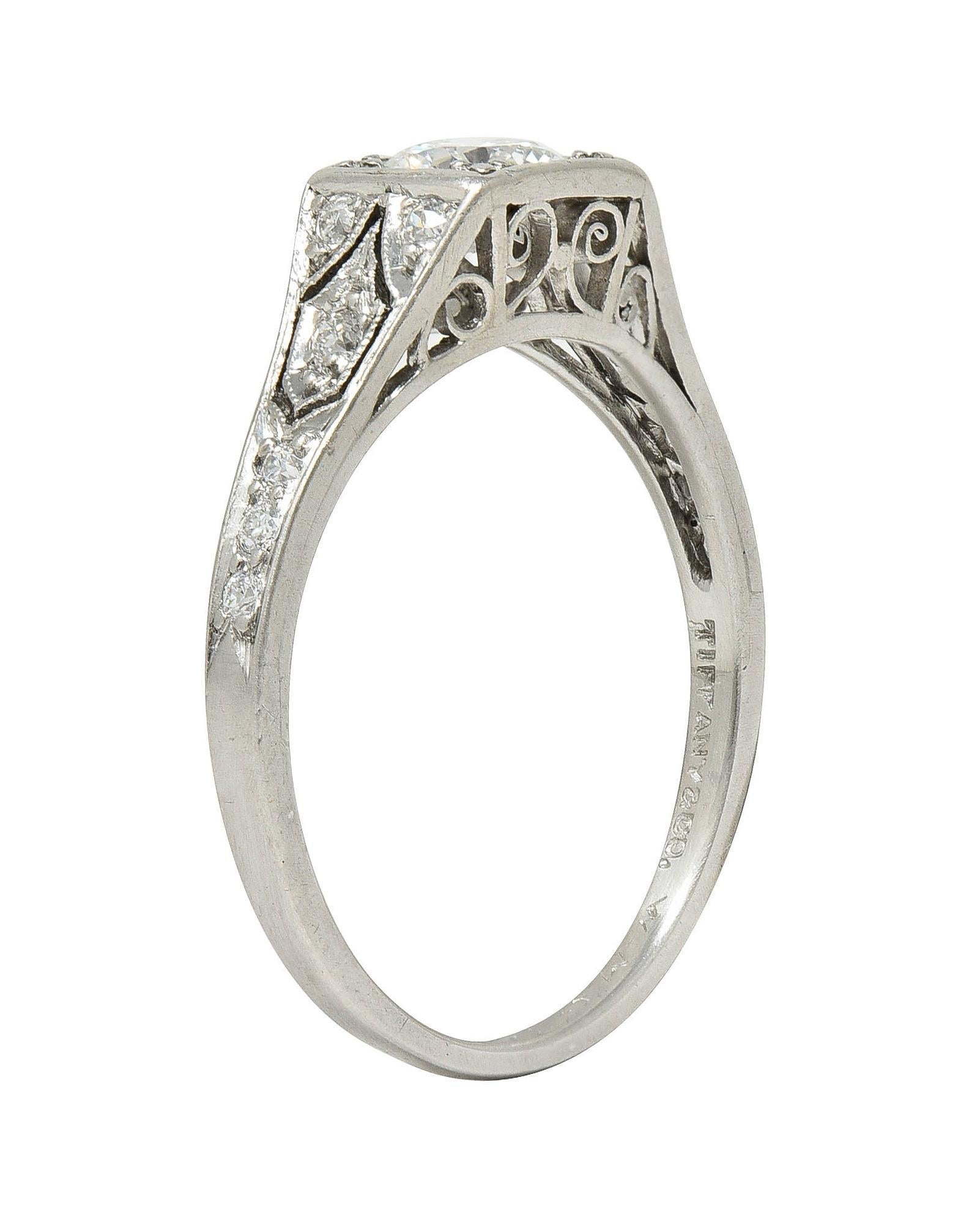 Round Cut Tiffany & Co. Art Deco European Diamond Platinum Scroll Antique Engagement Ring For Sale