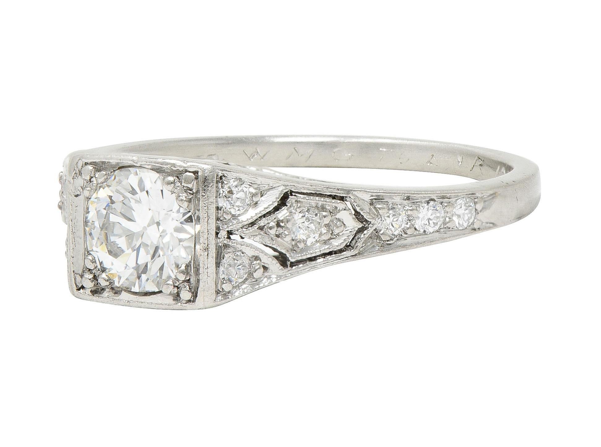 Tiffany & Co. Art Deco European Diamond Platinum Scroll Antique Engagement Ring For Sale 2