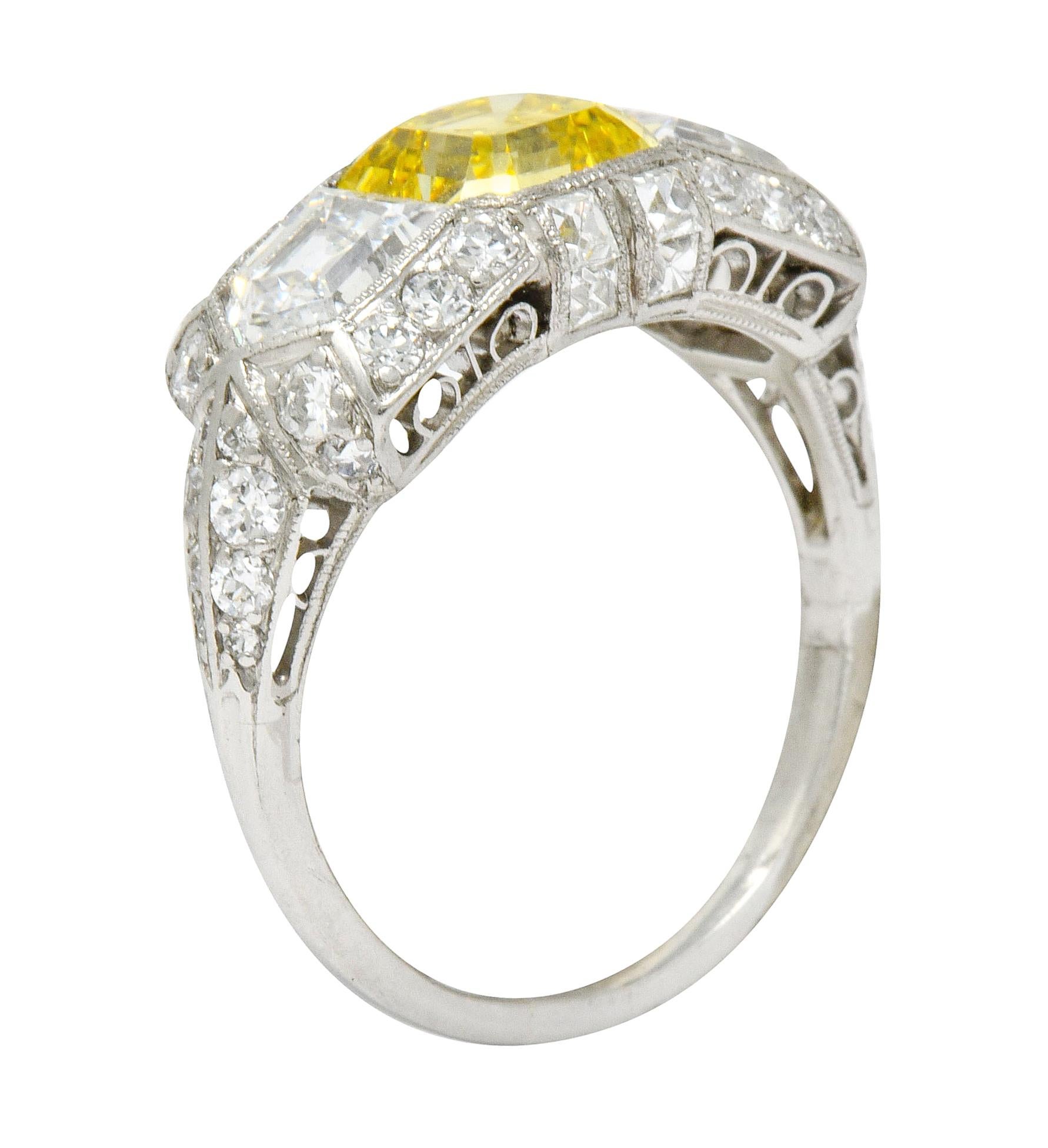 Tiffany & Co. Art Deco Fancy Vivid Yellow Diamond Platinum Cocktail Ring GIA 2