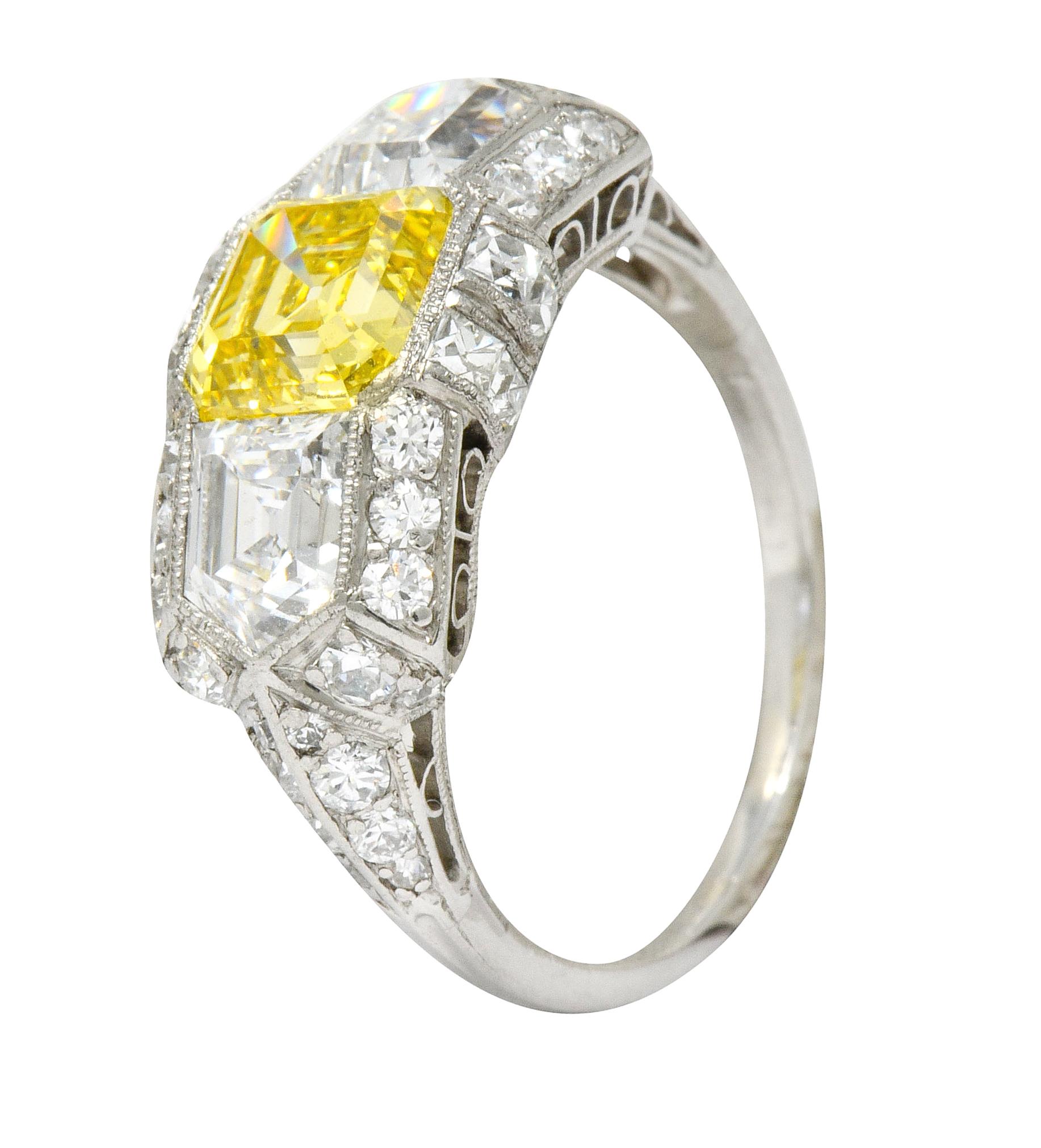 Tiffany & Co. Art Deco Fancy Vivid Yellow Diamond Platinum Cocktail Ring GIA 3