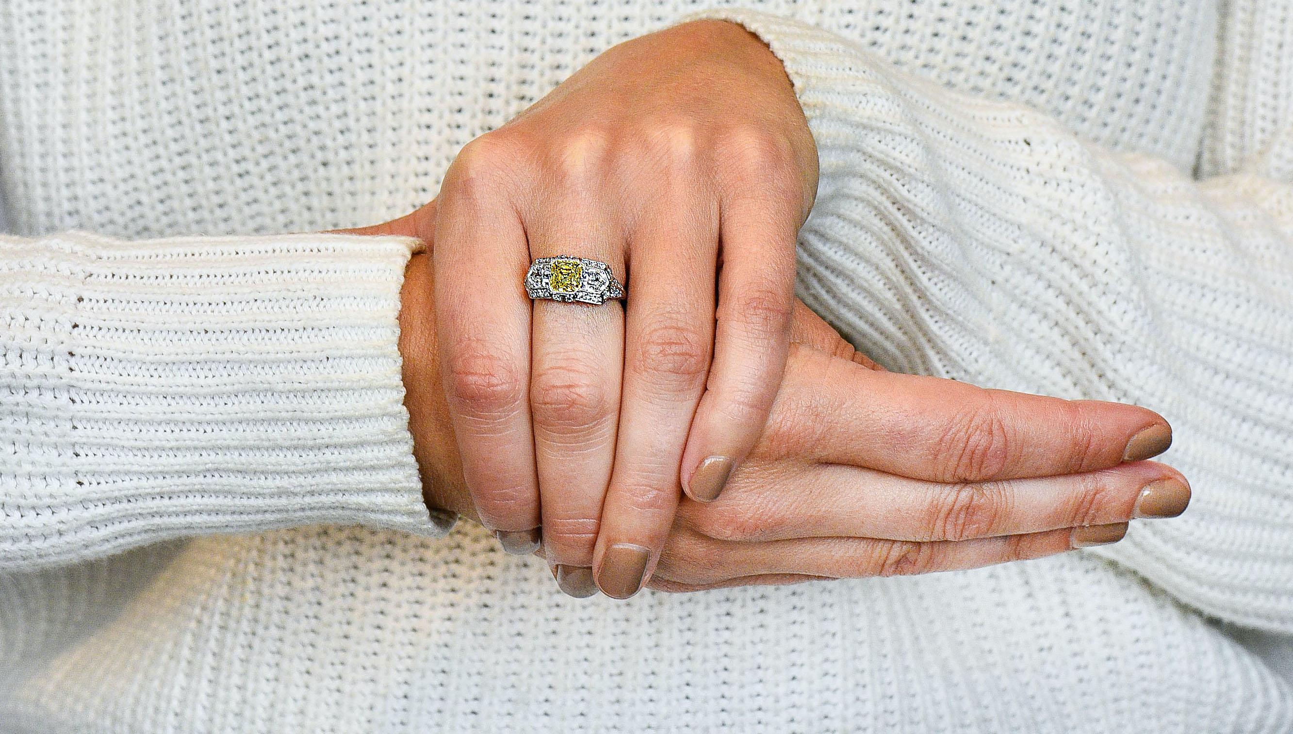 Tiffany & Co. Art Deco Fancy Vivid Yellow Diamond Platinum Cocktail Ring GIA 7