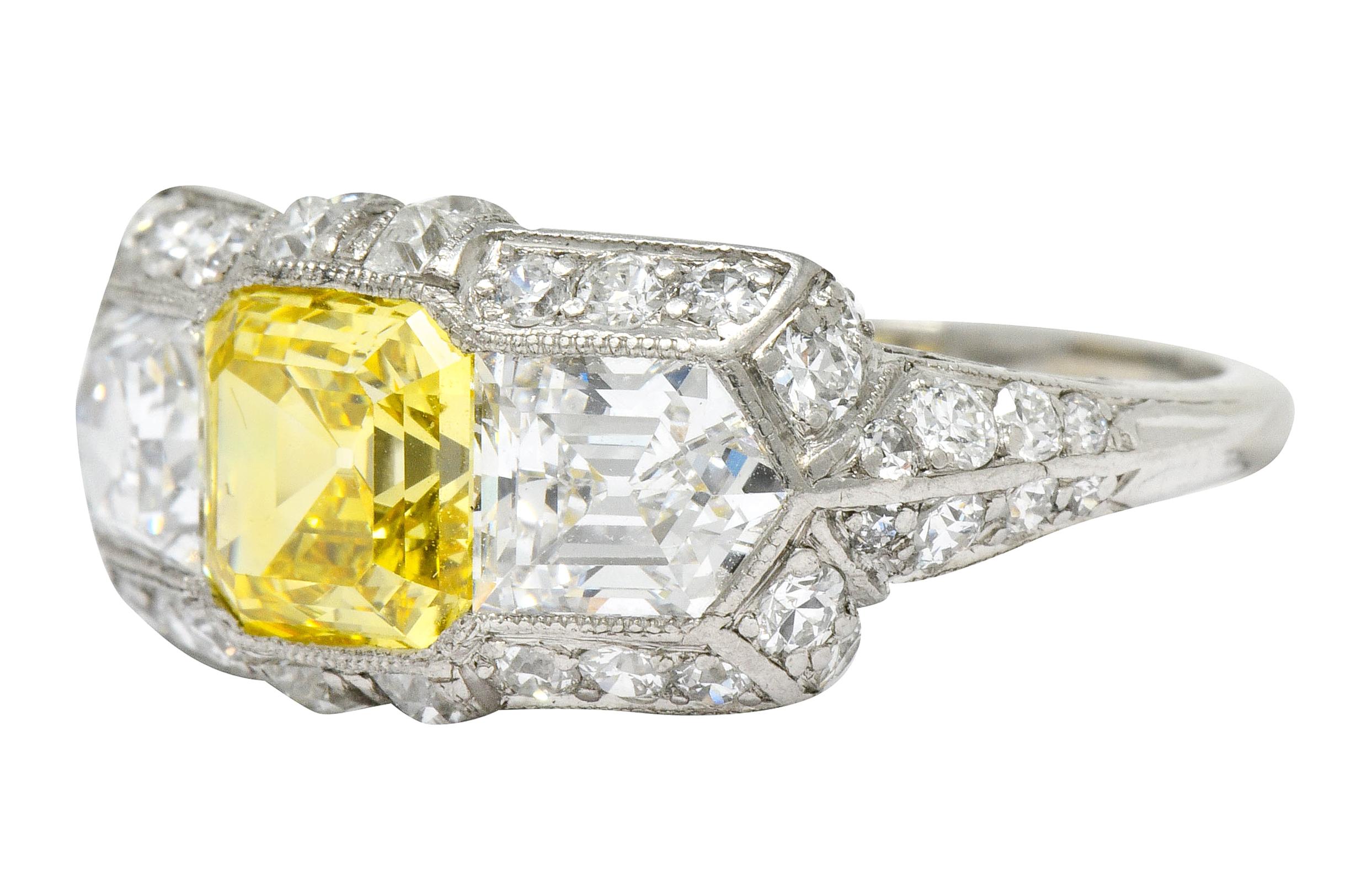 Asscher Cut Tiffany & Co. Art Deco Fancy Vivid Yellow Diamond Platinum Cocktail Ring GIA