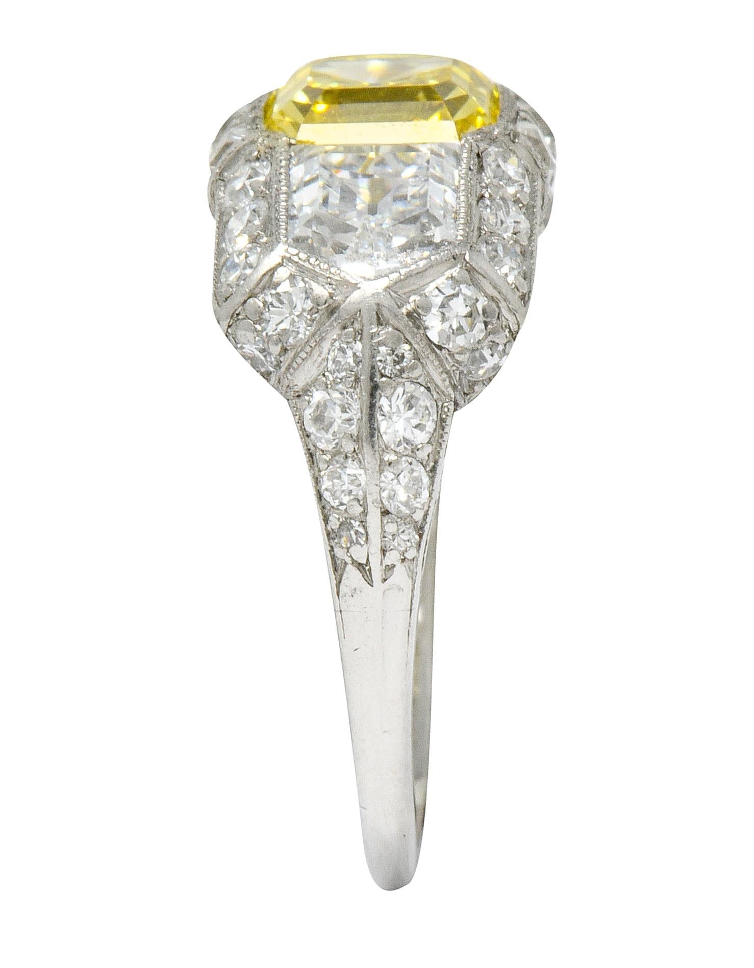 Women's or Men's Tiffany & Co. Art Deco Fancy Vivid Yellow Diamond Platinum Cocktail Ring GIA