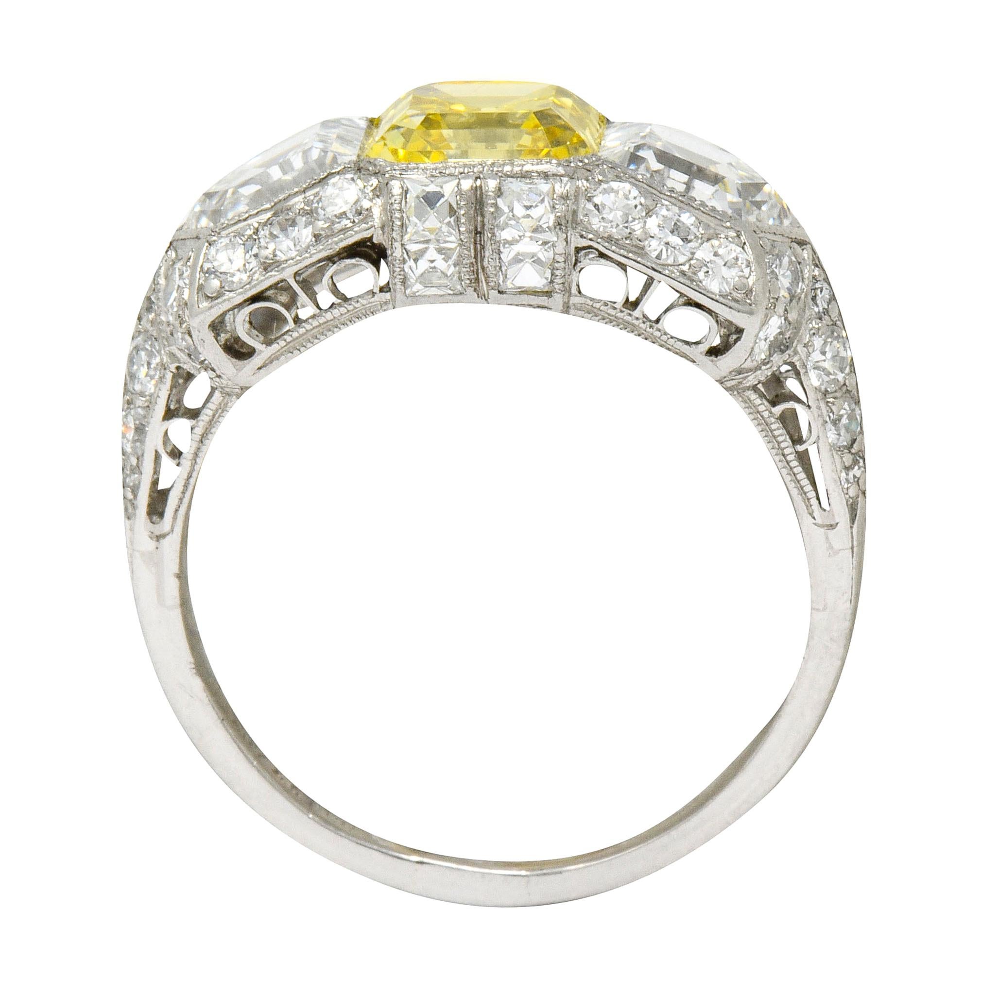 Tiffany & Co. Art Deco Fancy Vivid Yellow Diamond Platinum Cocktail Ring GIA 1