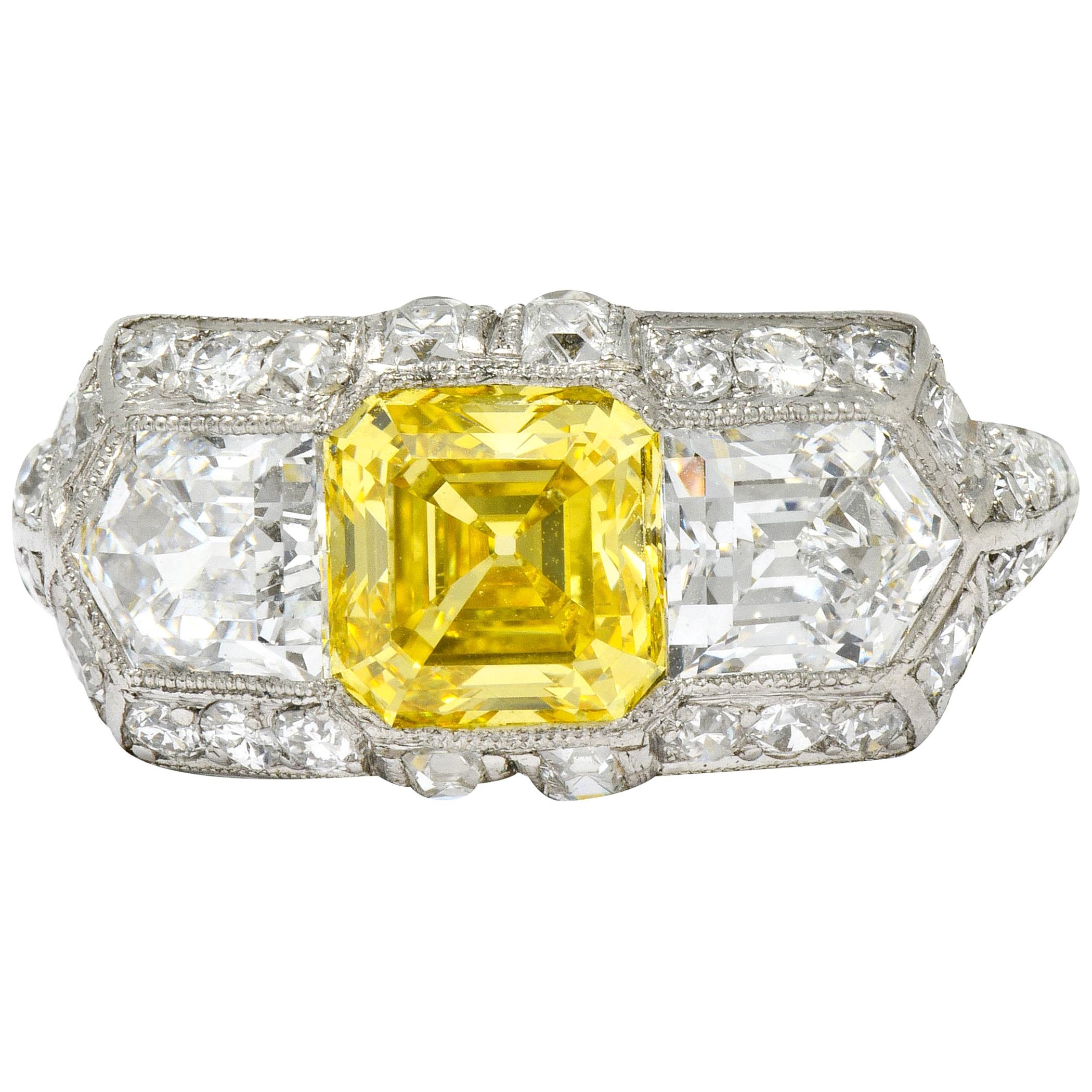 Tiffany & Co. Art Deco Fancy Vivid Yellow Diamond Platinum Cocktail Ring GIA