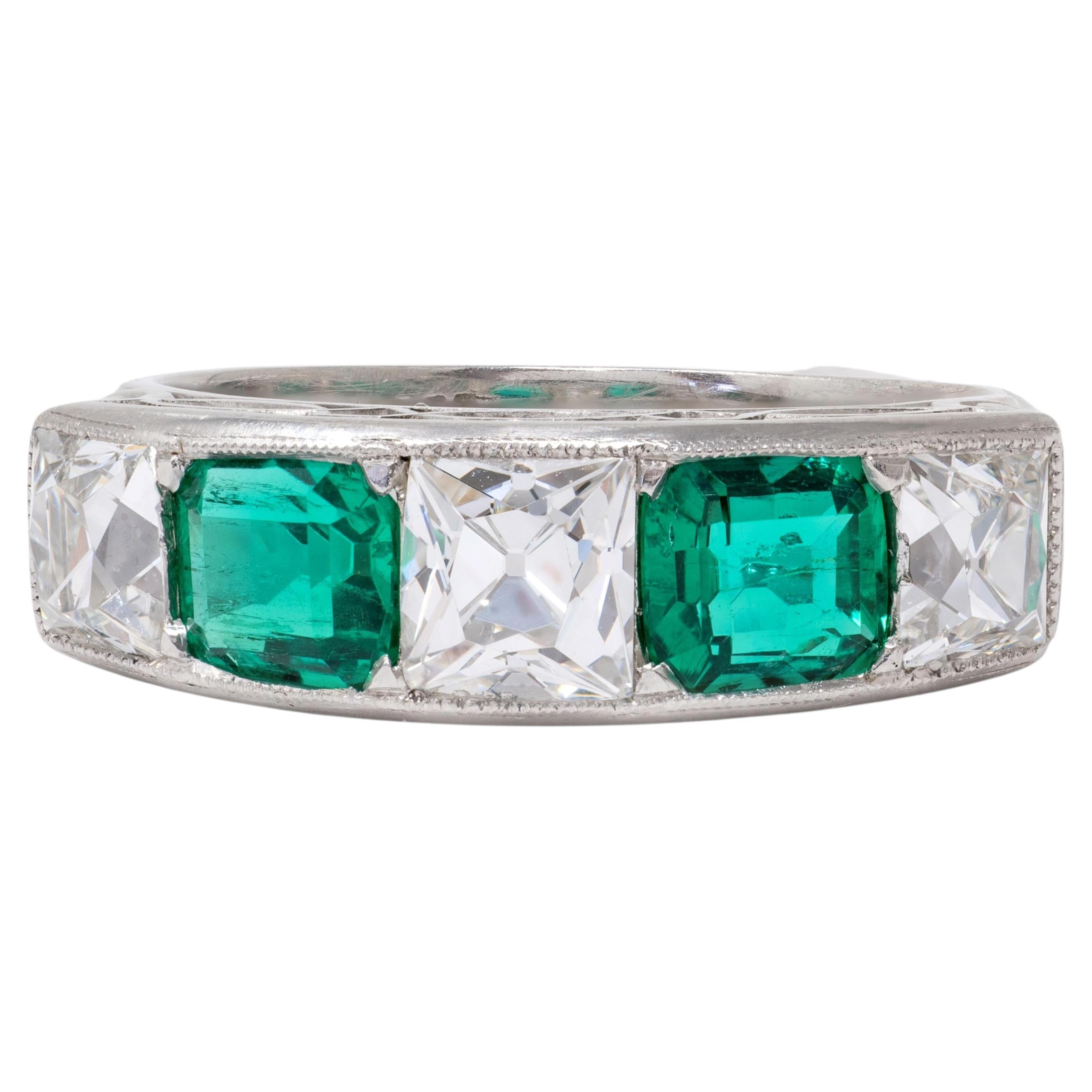 Tiffany & Co. Art Deco French Cut Diamond Emerald Platinum Vintage Band Ring