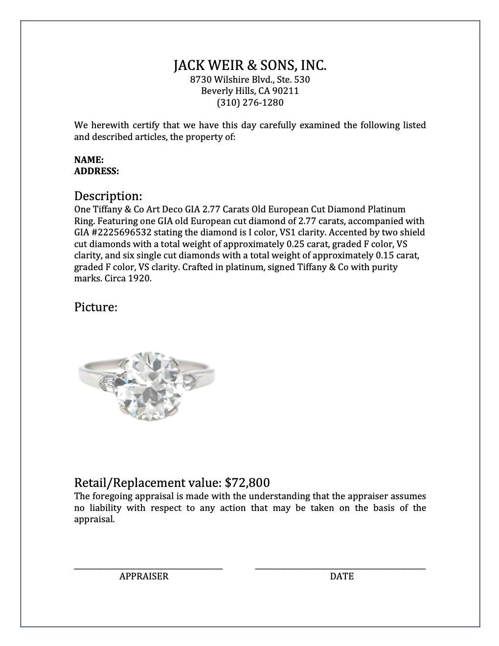 Tiffany & Co Art Deco GIA 2.77 Carats Old European Cut Diamond Platinum Ring 4