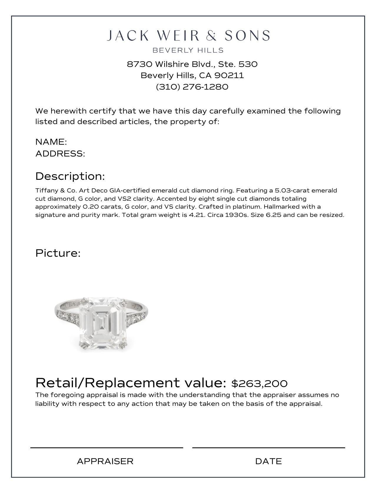 Women's or Men's Tiffany & Co. Art Deco GIA 5.03 carat diamond platinum engagement ring For Sale