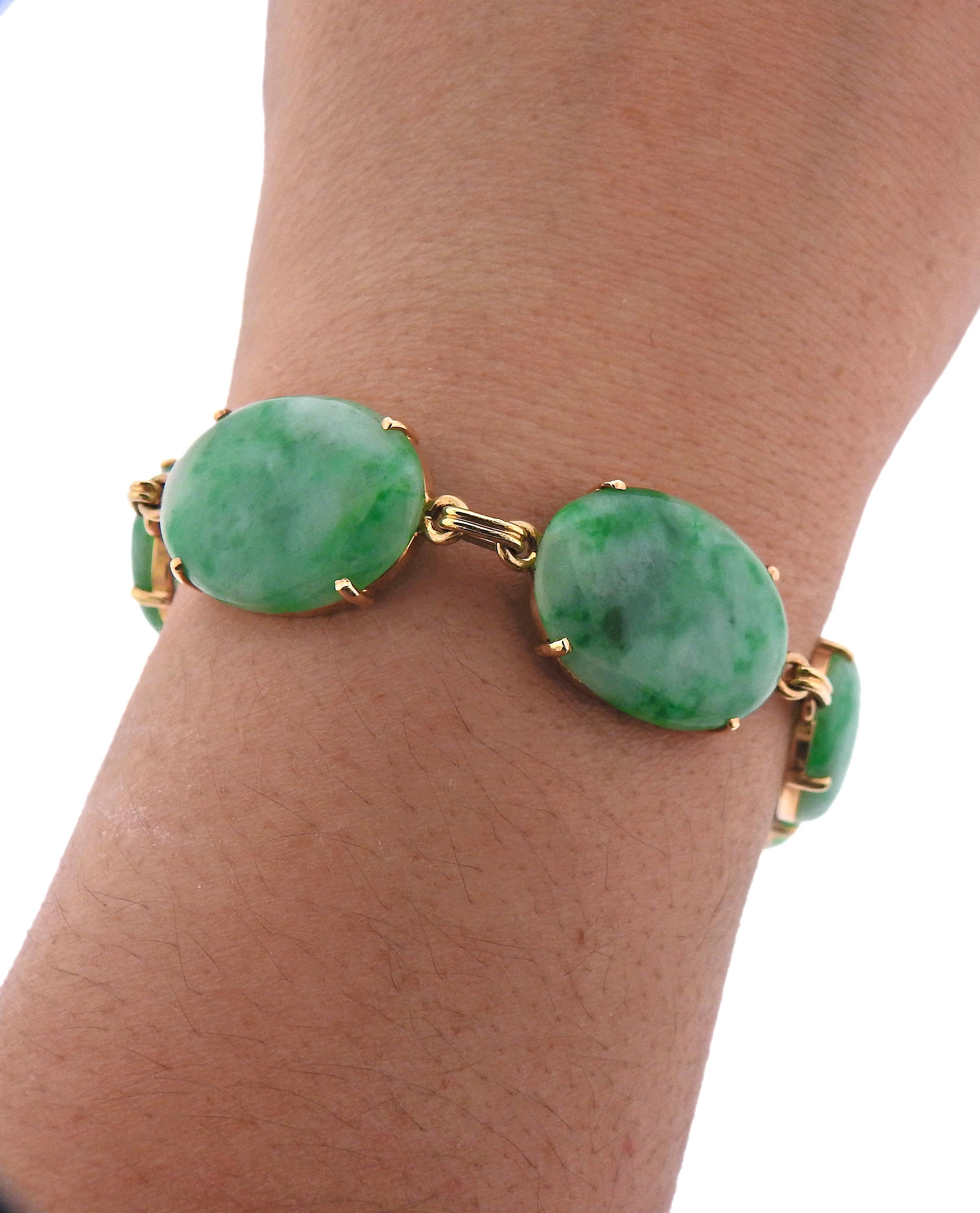 Taille ovale Tiffany & Co. Art Deco Jade Bracelet à maillons en or en vente