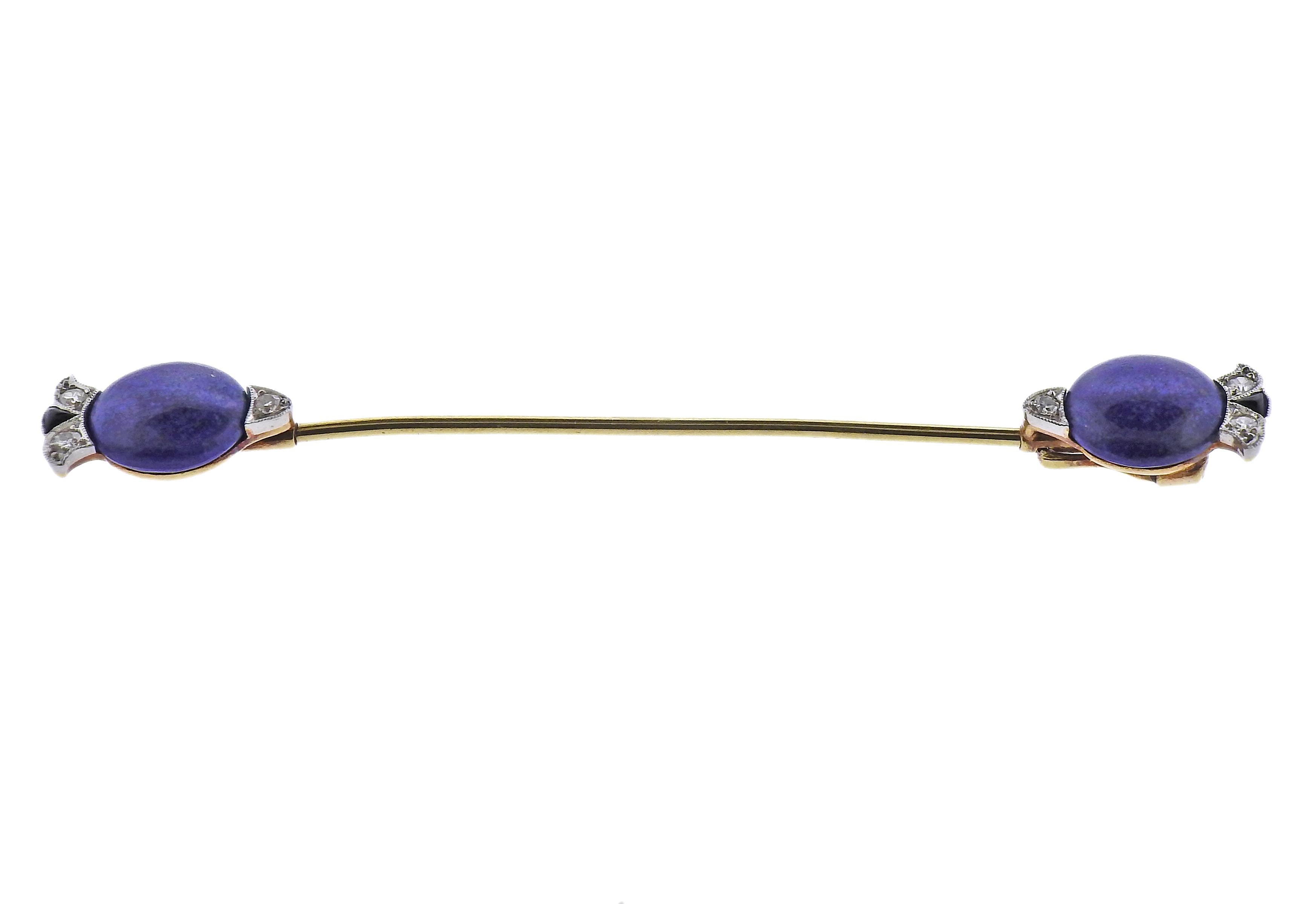 Art Deco Tiffany & Co 14k gold and platinum jabot pin, adorned with lapis, onyx and diamonds. Each top is 10mm in diameter, entire pin is 76mm long.  Marked Tiffany & Co. Weight - 4.6 grams.