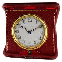 Tiffany & Co. Art Deco Leather Bound 8 Day Travel and Desk Clock