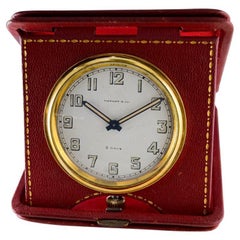 Tiffany & Co. Art Deco Leather Bound 8 Day Travel and Desk Clock