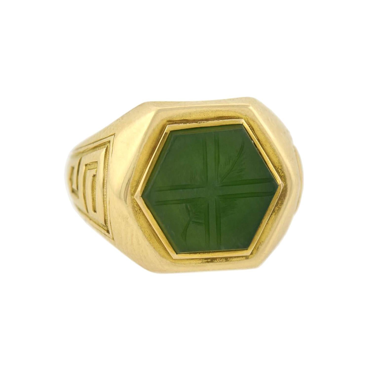 Tiffany & Co. Art Deco Nephrite Jade Carved "Palm Leaf" Signet Ring
