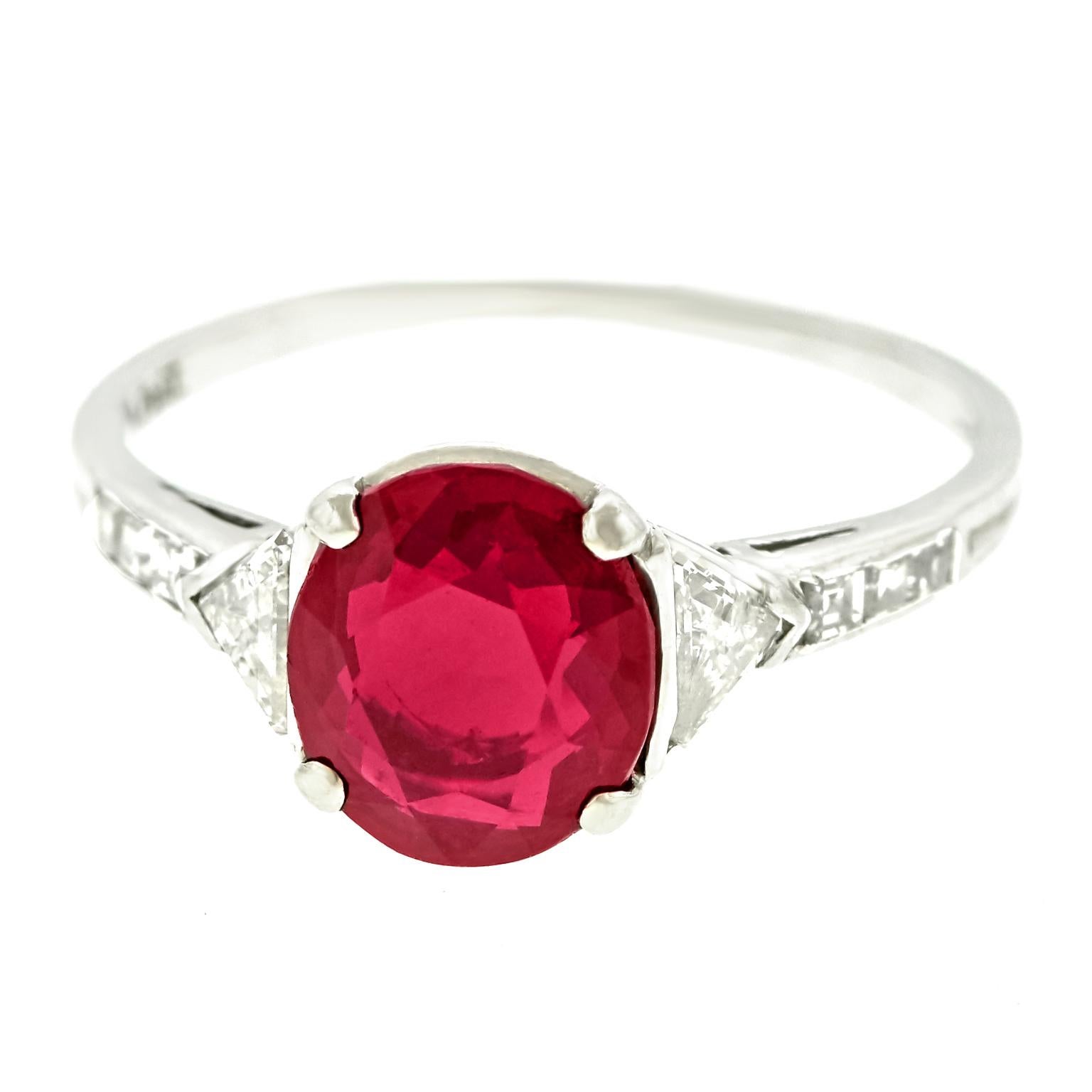 Tiffany & Co. Art Deco No-Heat Burma Ruby and Diamond Set Platinum Ring 6