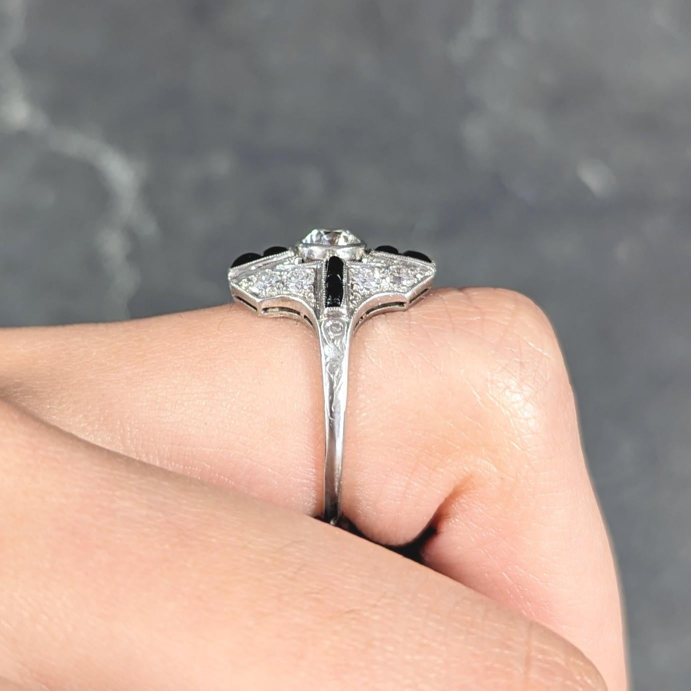 Tiffany & Co. Art Deco Old European Cut Diamond Onyx Platinum Shield Scroll Ring For Sale 4