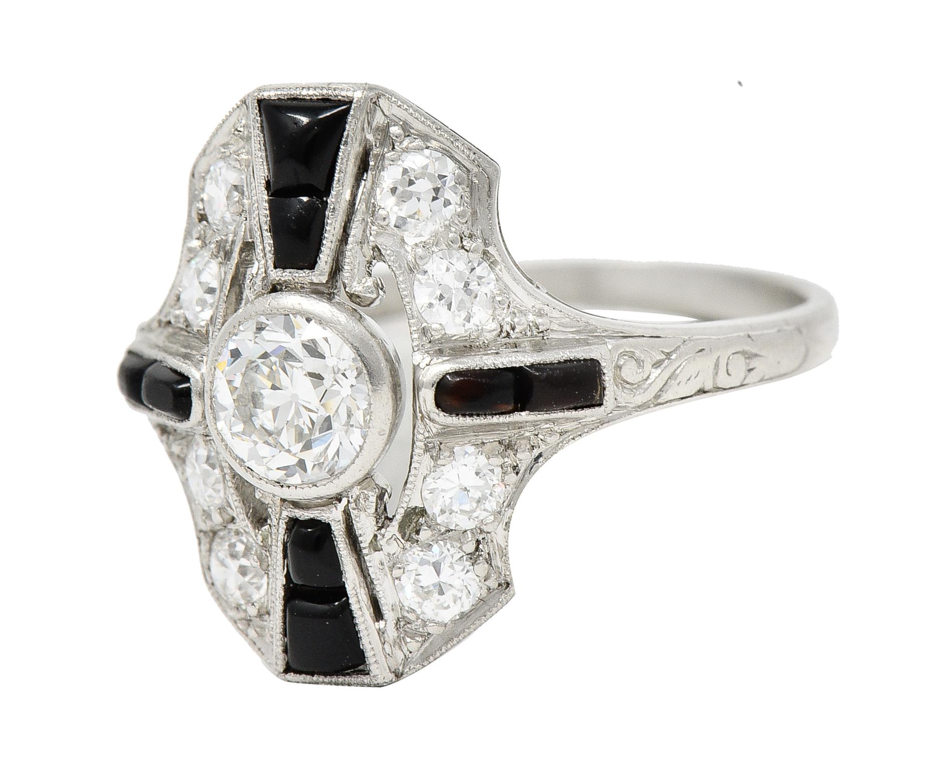 Women's or Men's Tiffany & Co. Art Deco Old European Cut Diamond Onyx Platinum Shield Scroll Ring For Sale