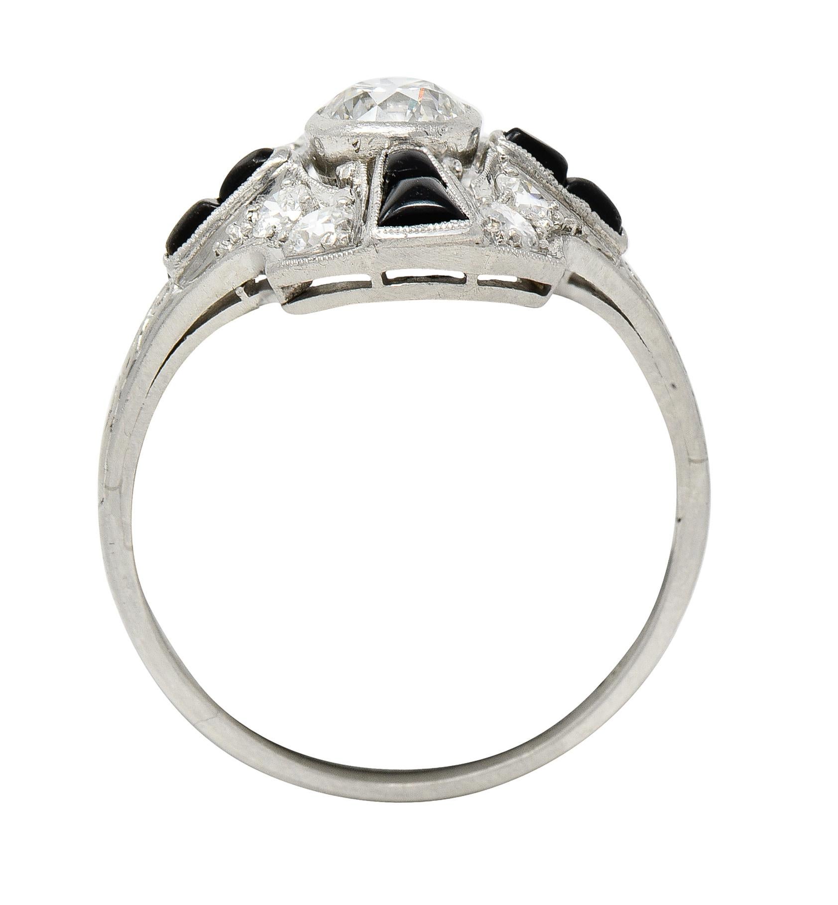 Tiffany & Co. Art Deco Old European Cut Diamond Onyx Platinum Shield Scroll Ring For Sale 2