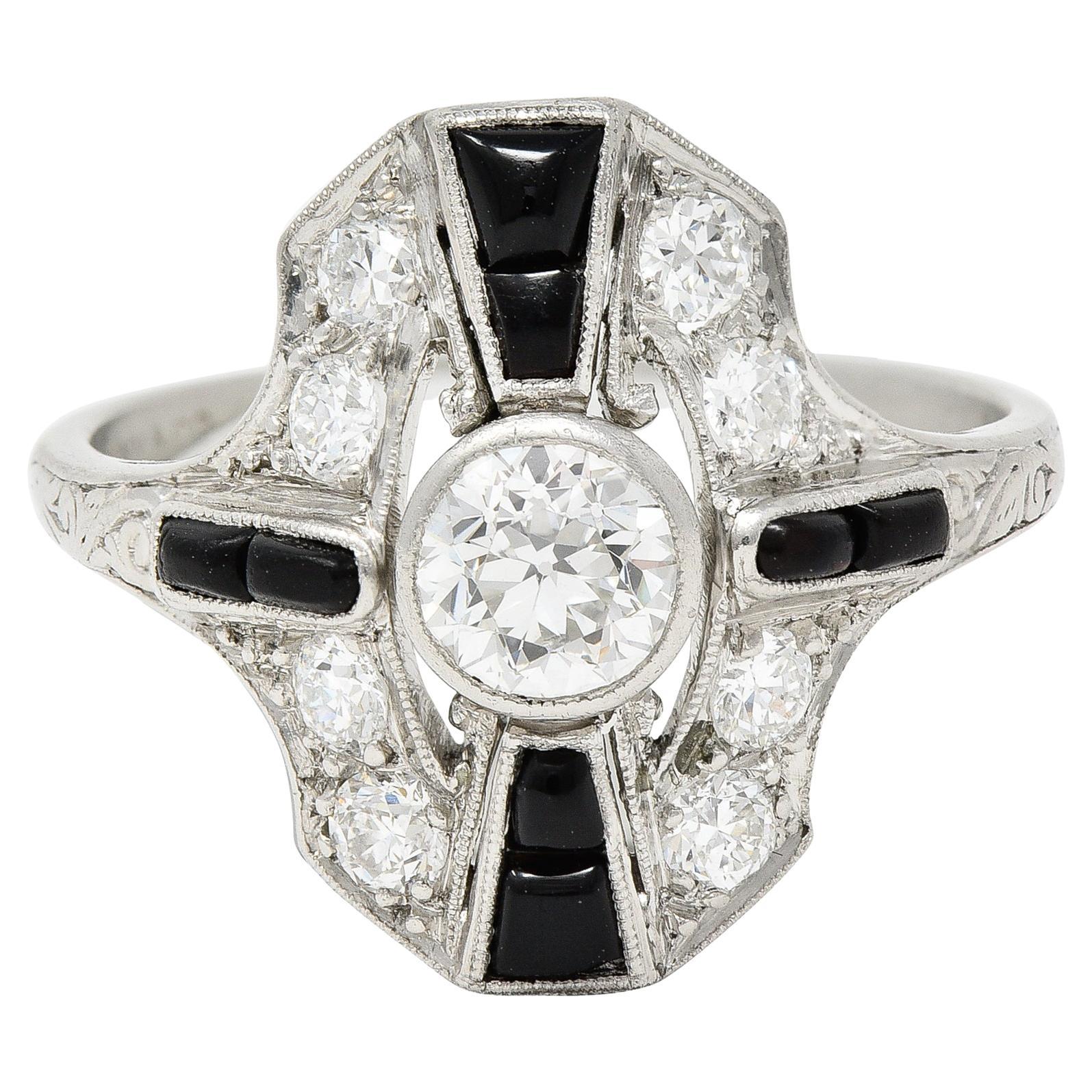 Tiffany & Co. Art Deco Old European Cut Diamond Onyx Platinum Shield Scroll Ring For Sale