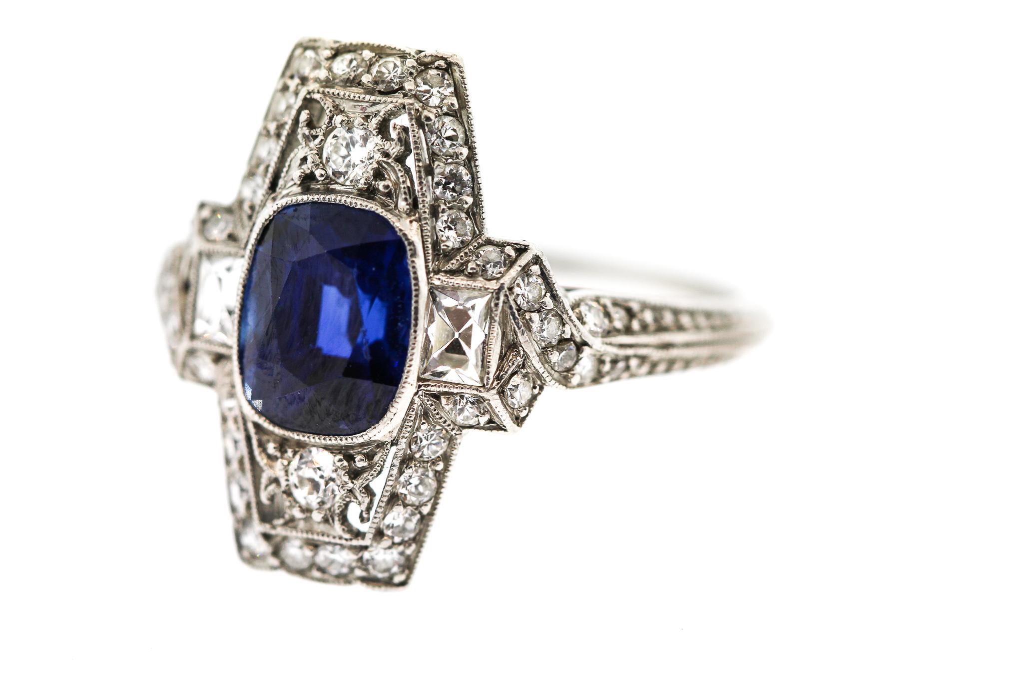 Cushion Cut Tiffany & Co. Art Deco Platinum Cushion Sapphire Diamond Ring For Sale