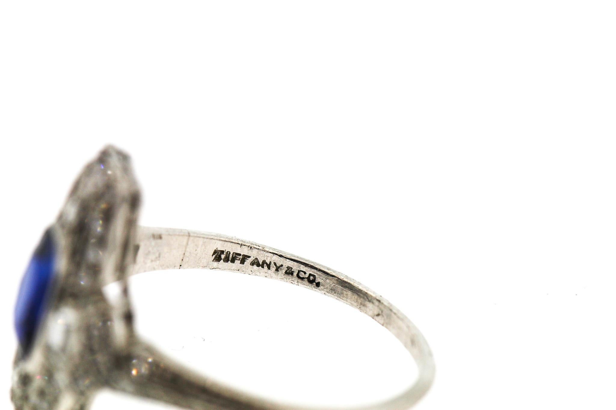 Women's or Men's Tiffany & Co. Art Deco Platinum Cushion Sapphire Diamond Ring For Sale
