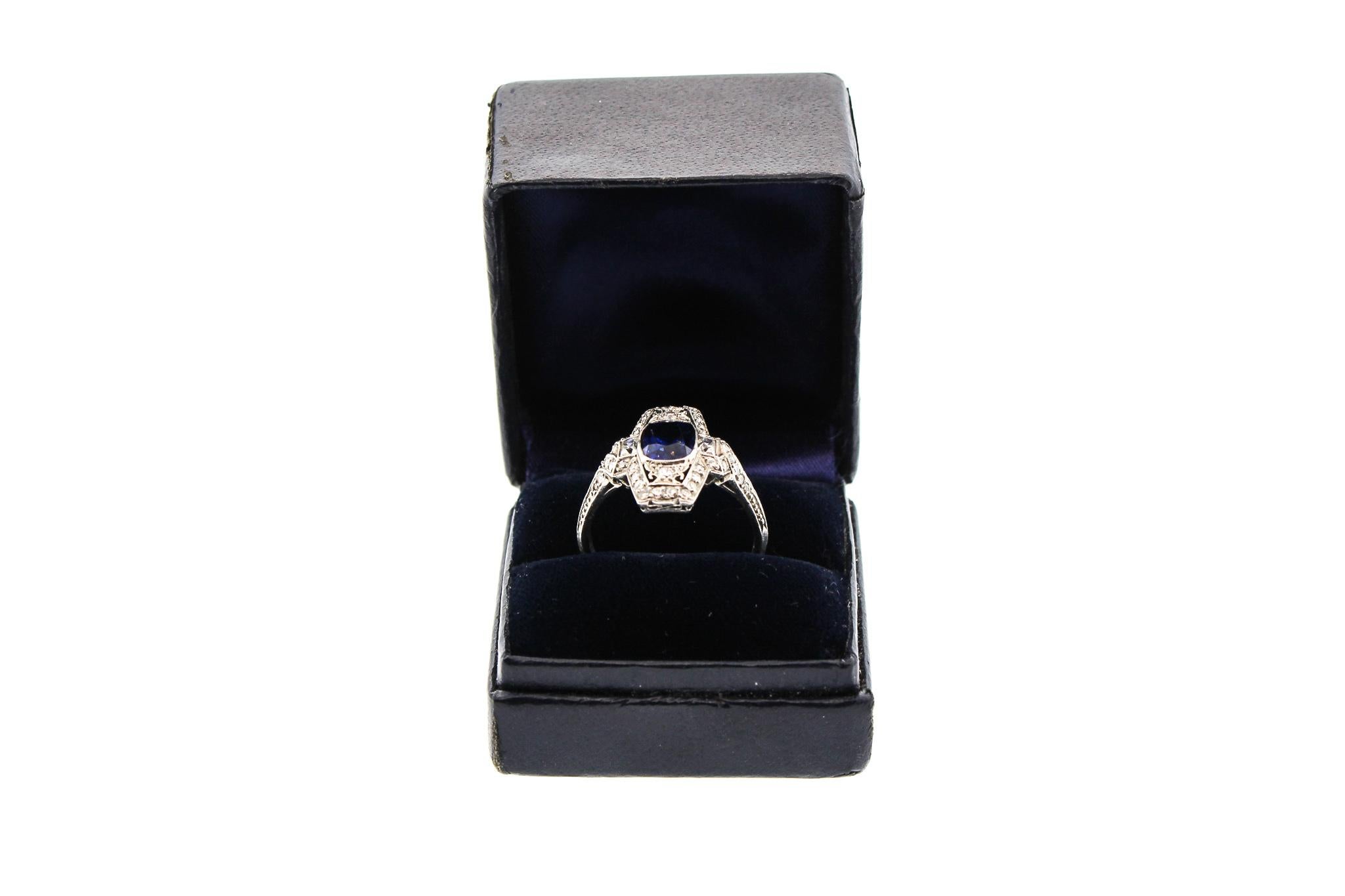 Tiffany & Co. Art Deco Platinum Cushion Sapphire Diamond Ring For Sale 1