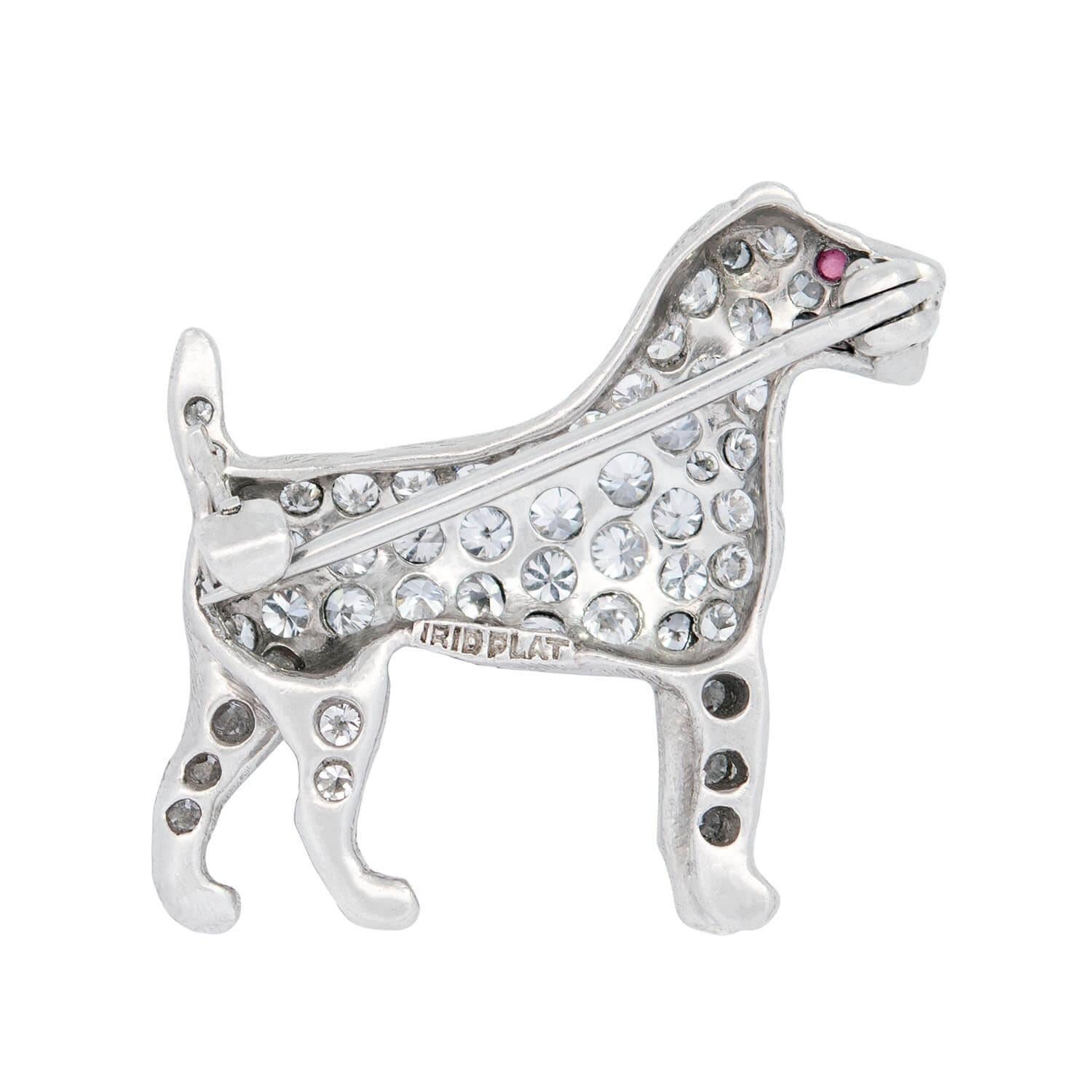 Round Cut TIFFANY & CO. Art Deco Platinum Diamond and Ruby Terrier Pin For Sale