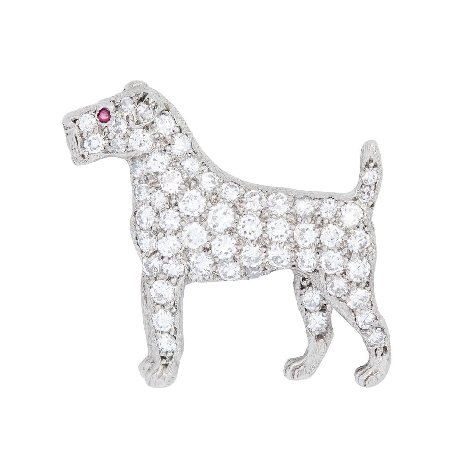 TIFFANY & CO. Art Deco Platinum Diamond and Ruby Terrier Pin For Sale