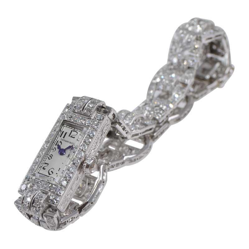 Round Cut Tiffany & Co. Art Deco Platinum Diamond Manual Winding Dress Watch Circa 1930's