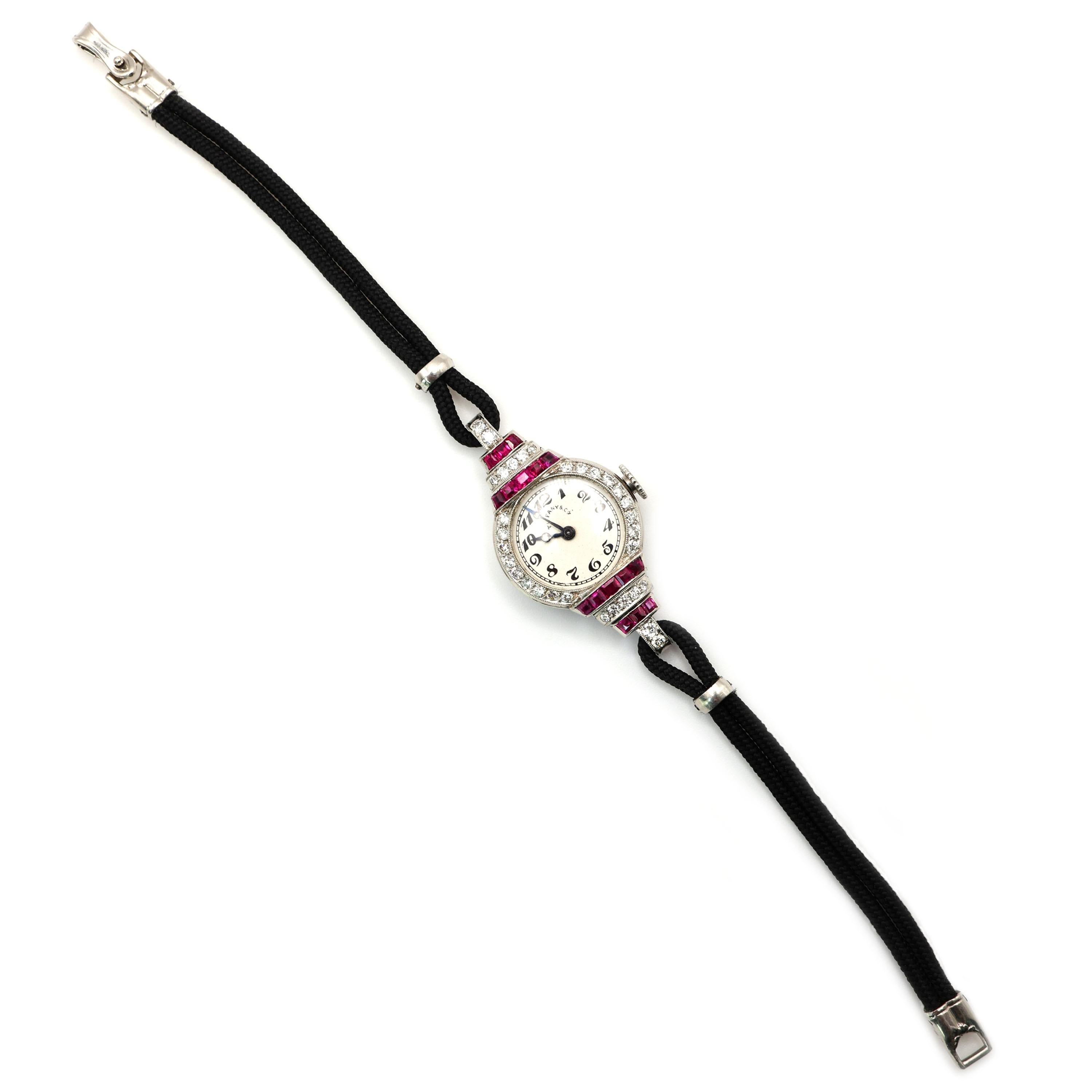 Square Cut Tiffany & Co. Art Deco Ruby Diamond and Platinum Cocktail Watch With Double Cord For Sale