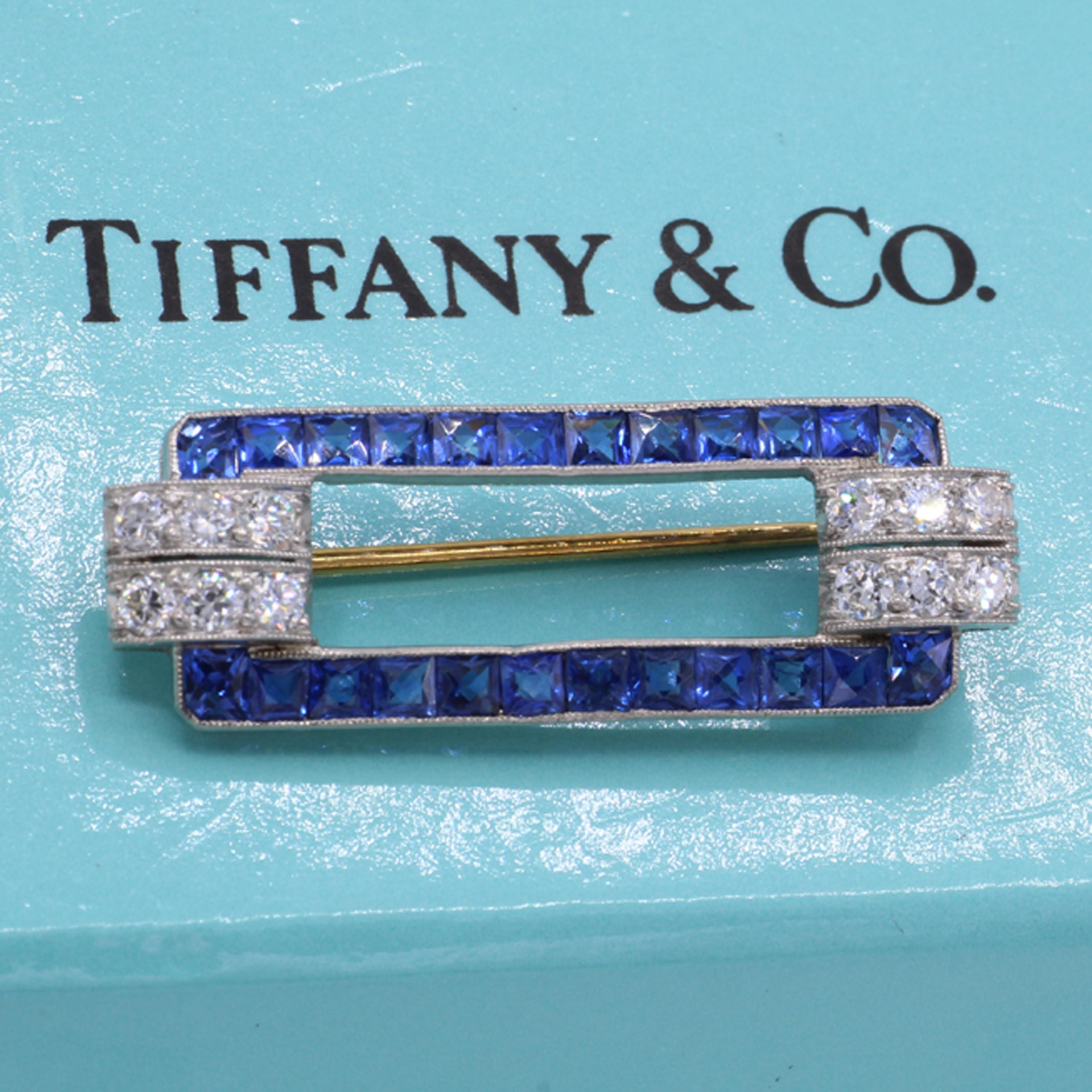 Mixed Cut Tiffany & Co. Art Deco Sapphire Diamond Brooch