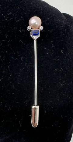 Tiffany & Co. Art Deco Sapphire Pearl Diamond Platinum Stick Pin Brooch, 1900