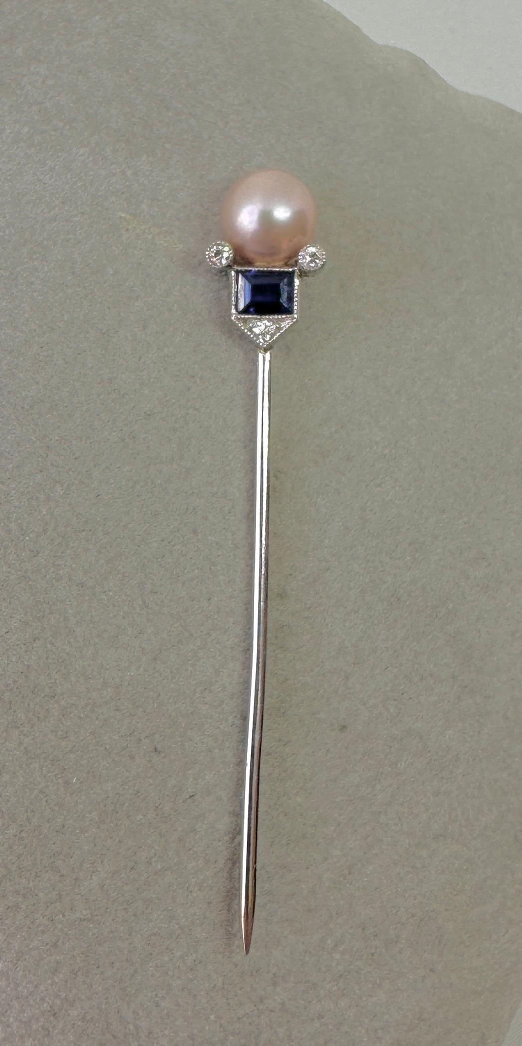Women's or Men's Tiffany & Co. Art Deco Sapphire Pearl Diamond Platinum Stick Pin Brooch, 1900 For Sale