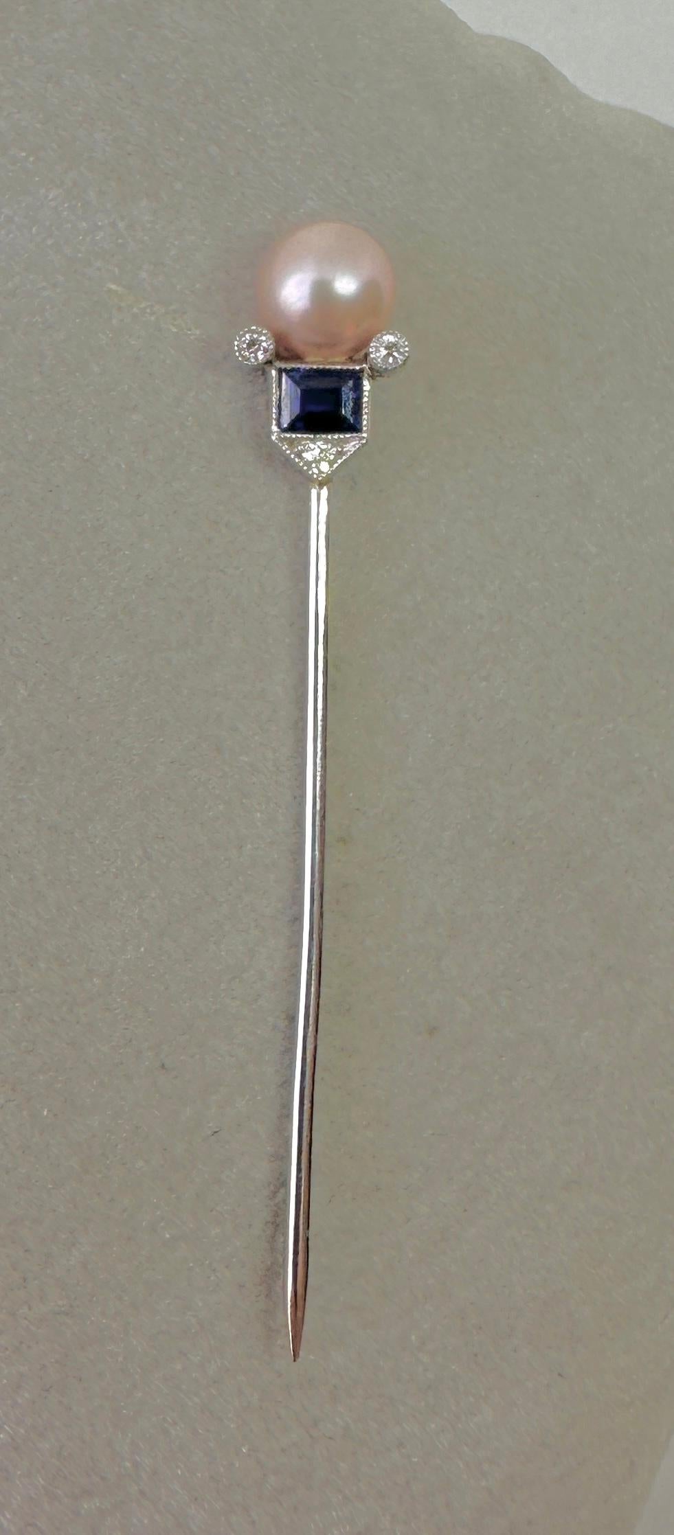Tiffany & Co. Art Deco Sapphire Pearl Diamond Platinum Stick Pin Brooch, 1900 For Sale 2