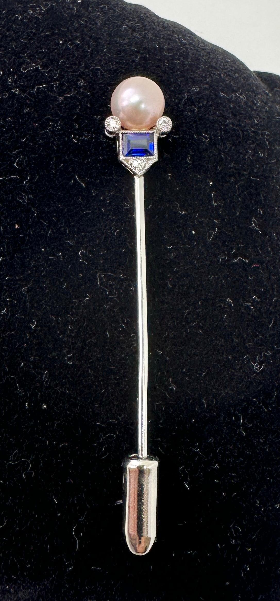 Tiffany & Co. Art Deco Sapphire Pearl Diamond Platinum Stick Pin Brooch, 1900 For Sale 3