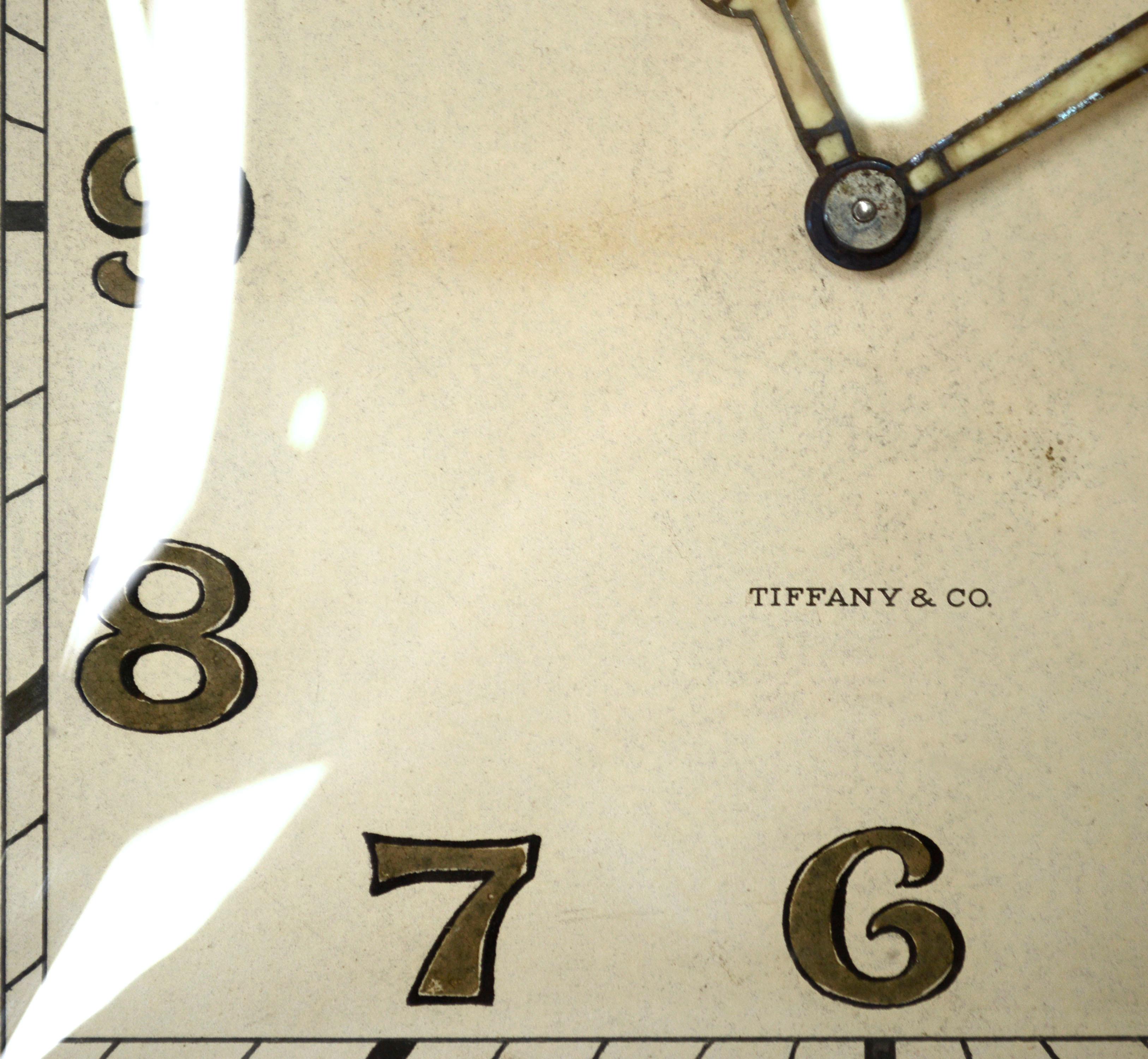 Early 20th Century Tiffany & Co. Art Deco Square Swiss Desk Clock, Bronze & Sterling Silver c.1920s