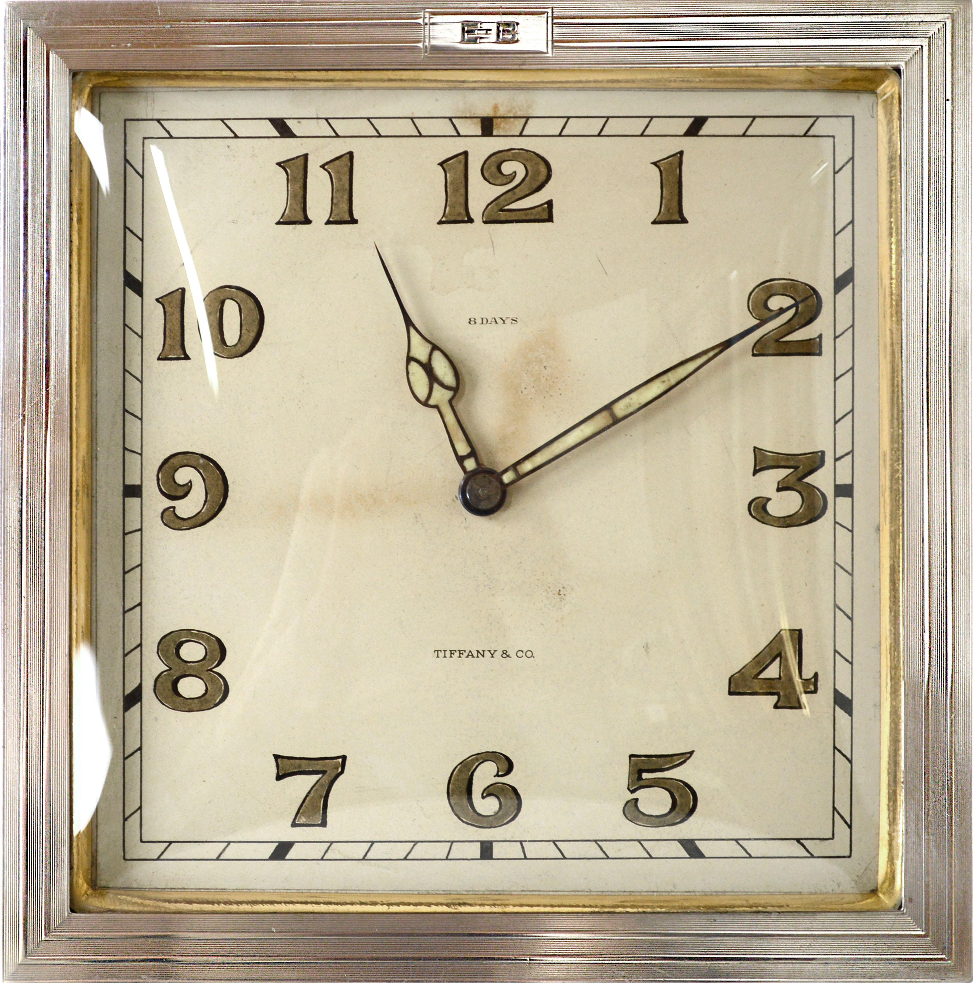 Tiffany & Co. Art Deco Square Swiss Desk Clock, Bronze & Sterling Silver c.1920s 5